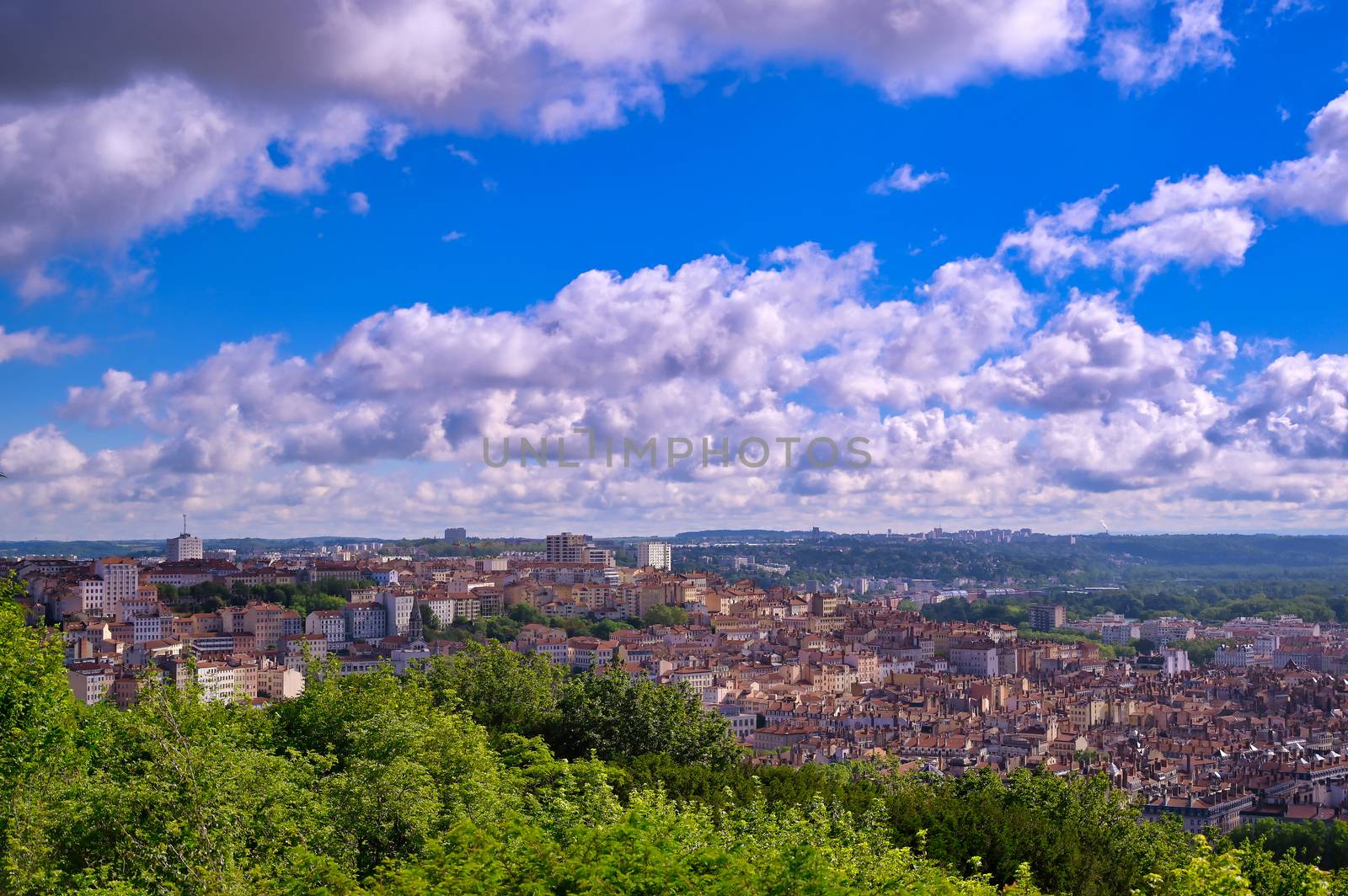 An aerial view of Lyon, France on a sunny day from Fourviere Hill.