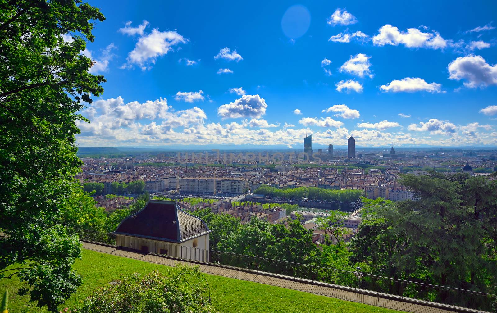 An aerial view of Lyon, France on a sunny day from Fourviere Hill.