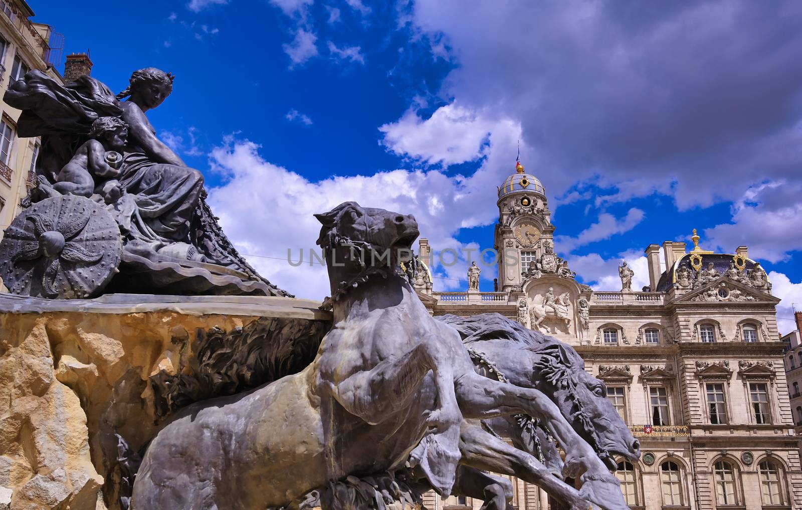 The Fontaine Bartholdi located outside of the Hotel de Ville, the city hall of Lyon, France, at the Place des Terreaux.