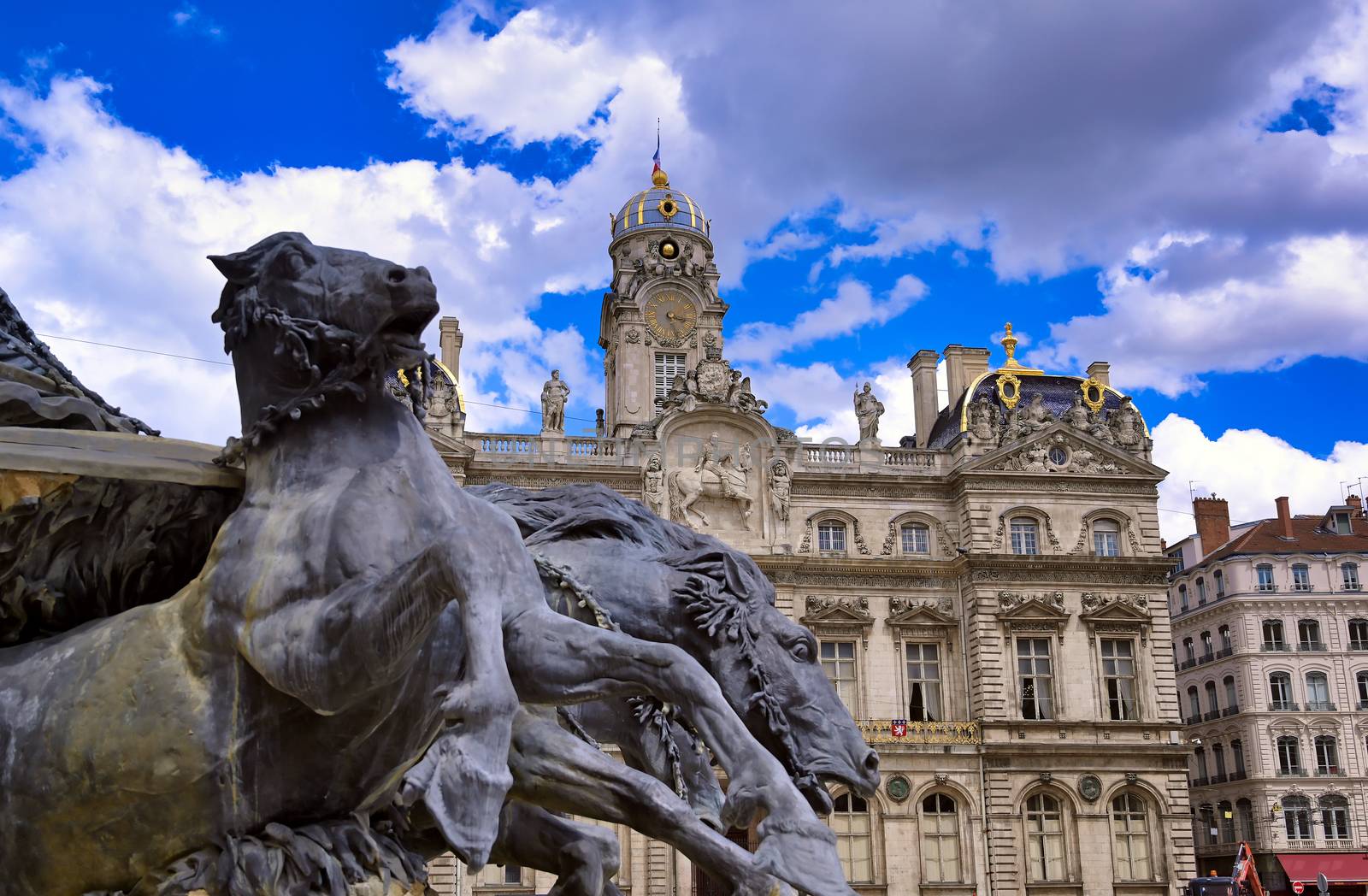 The Fontaine Bartholdi located outside of the Hotel de Ville, the city hall of Lyon, France, at the Place des Terreaux.