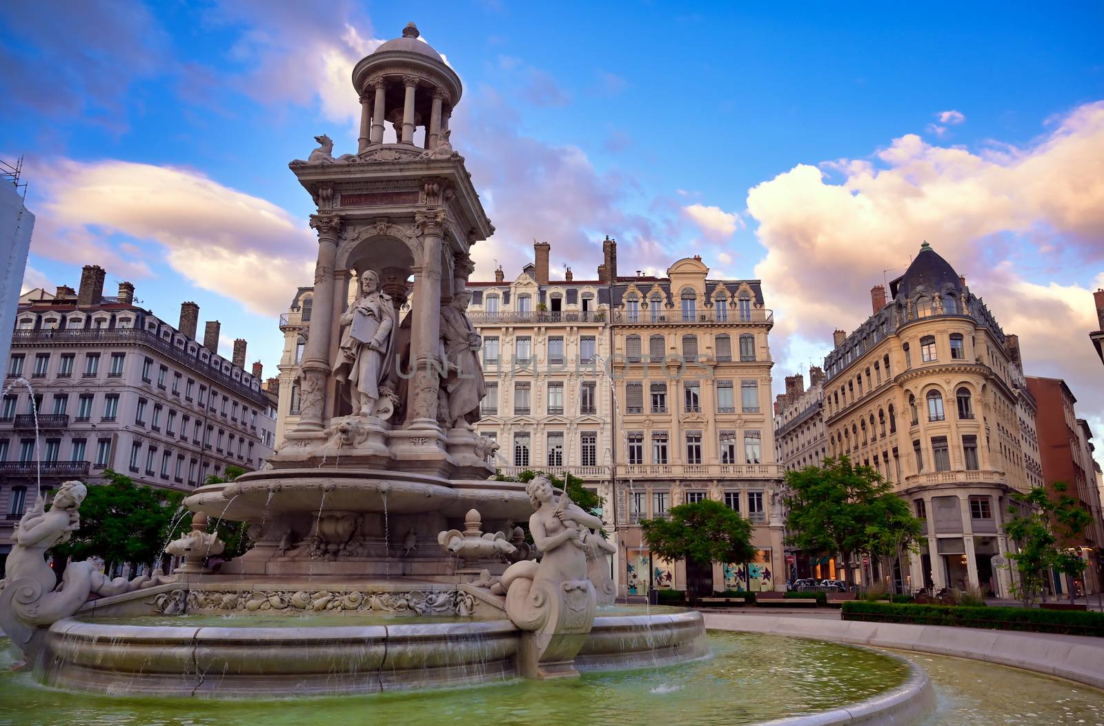 The fountain on Place des Jacobins in the heart of Lyon, France.