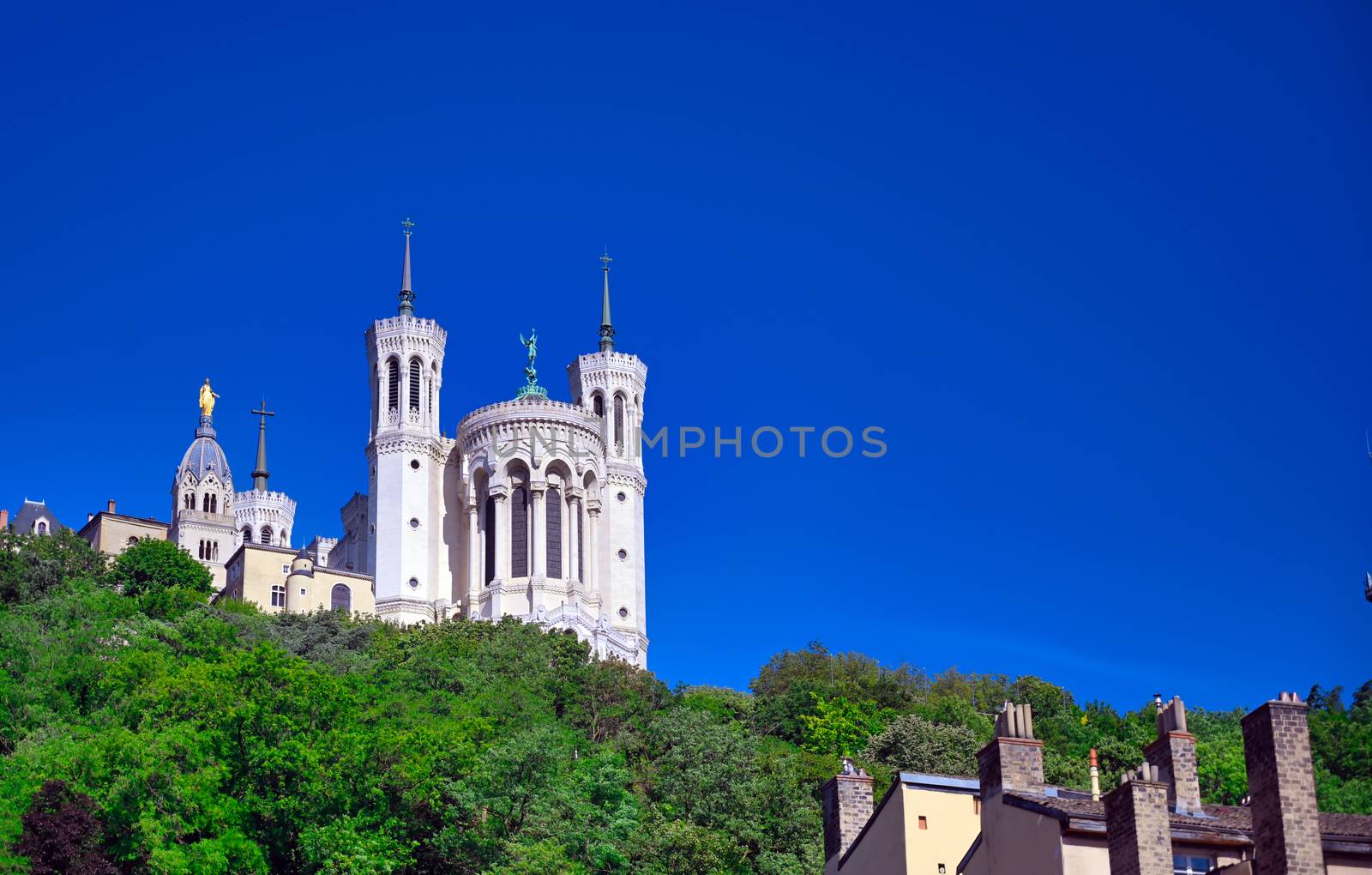 The Basilica of Notre Dame de Fourviere overlooking Lyon, France and the Saone River.