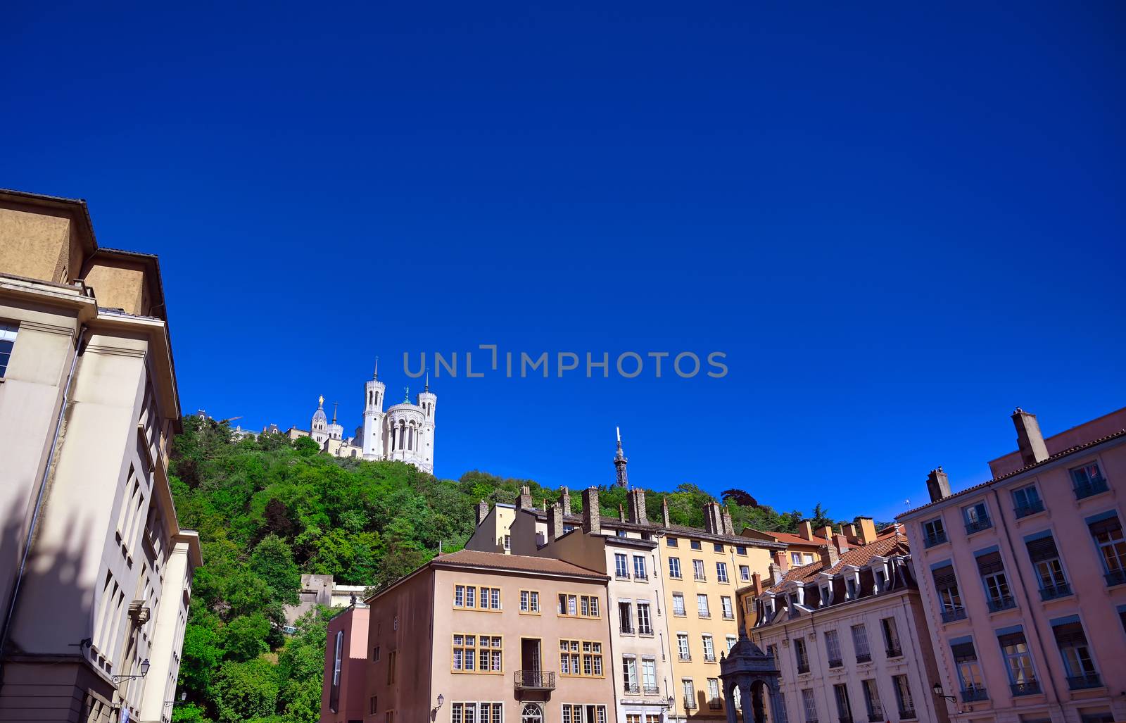 The Basilica of Notre Dame de Fourviere overlooking Lyon, France and the Saone River.