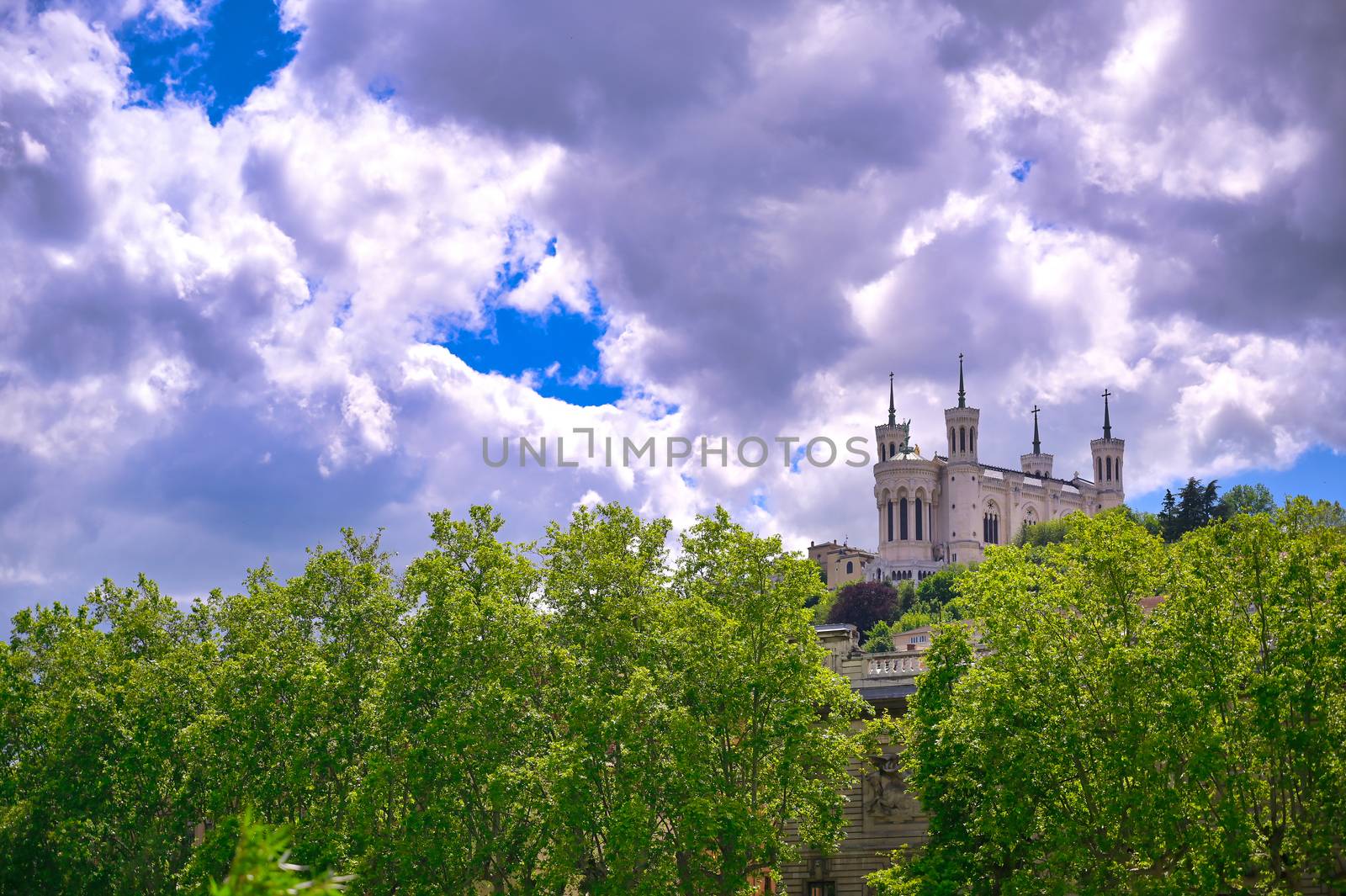 The Basilica of Notre Dame de Fourviere overlooking Lyon, France and the Saone River.