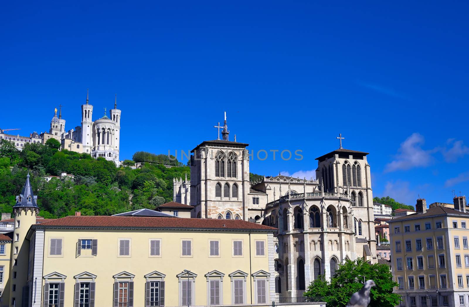 The Basilica of Notre Dame de Fourviere overlooking Lyon, France and the Saone River.