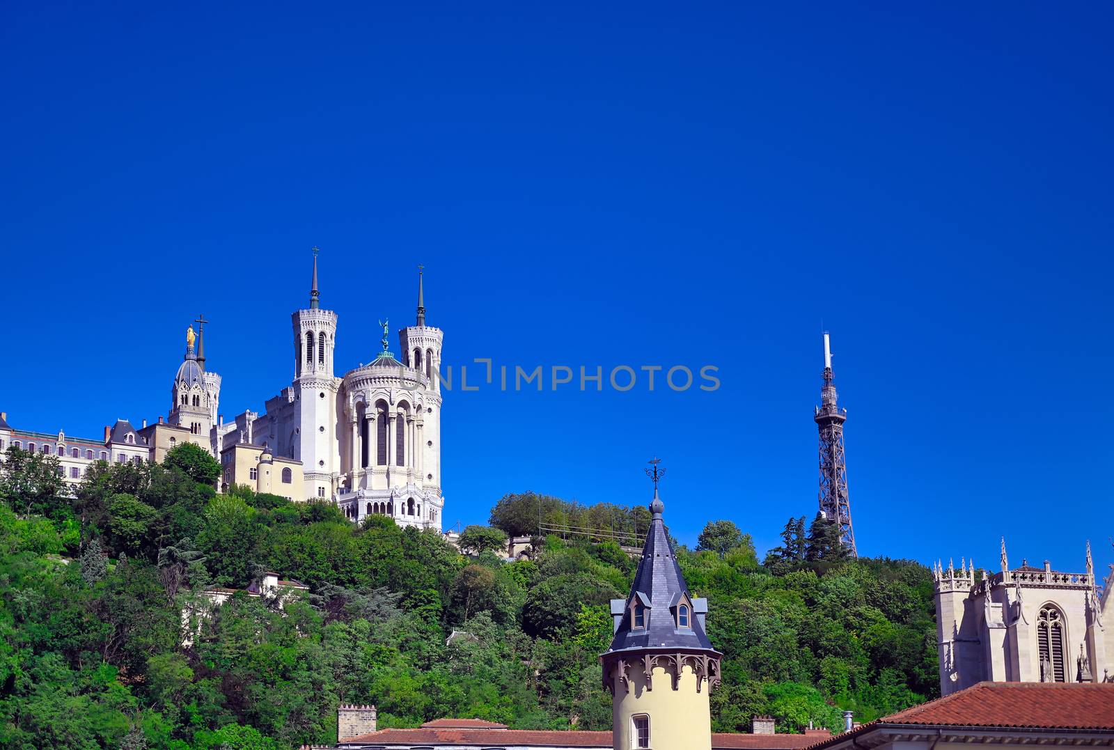 The Basilica of Notre Dame de Fourviere overlooking Lyon, France and the Saone River.