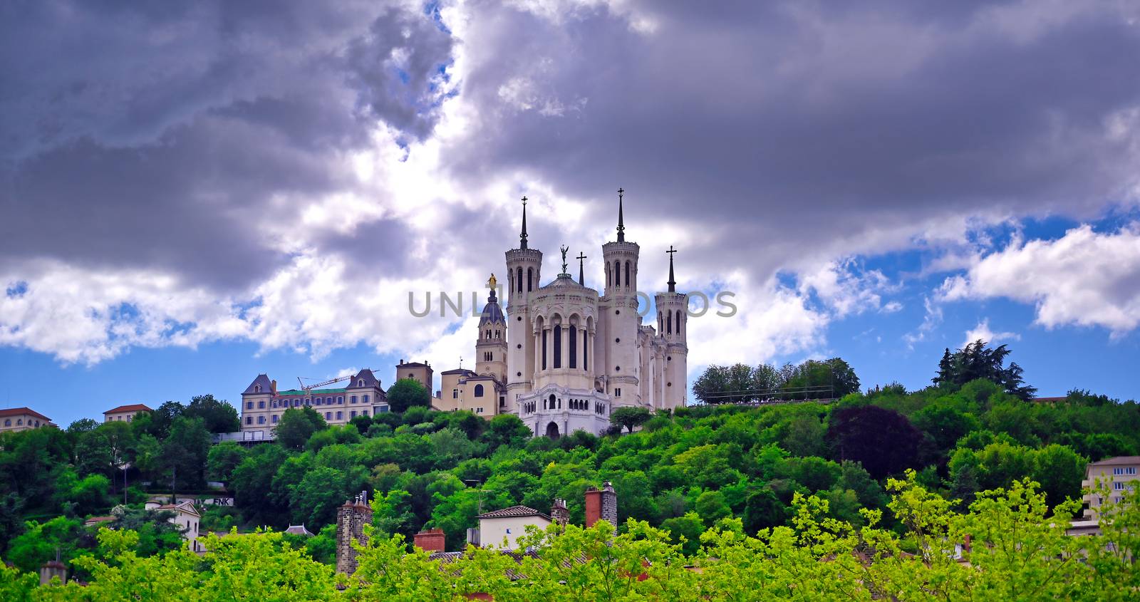 The Basilica of Notre Dame de Fourviere overlooking Lyon, France and the Saone River.