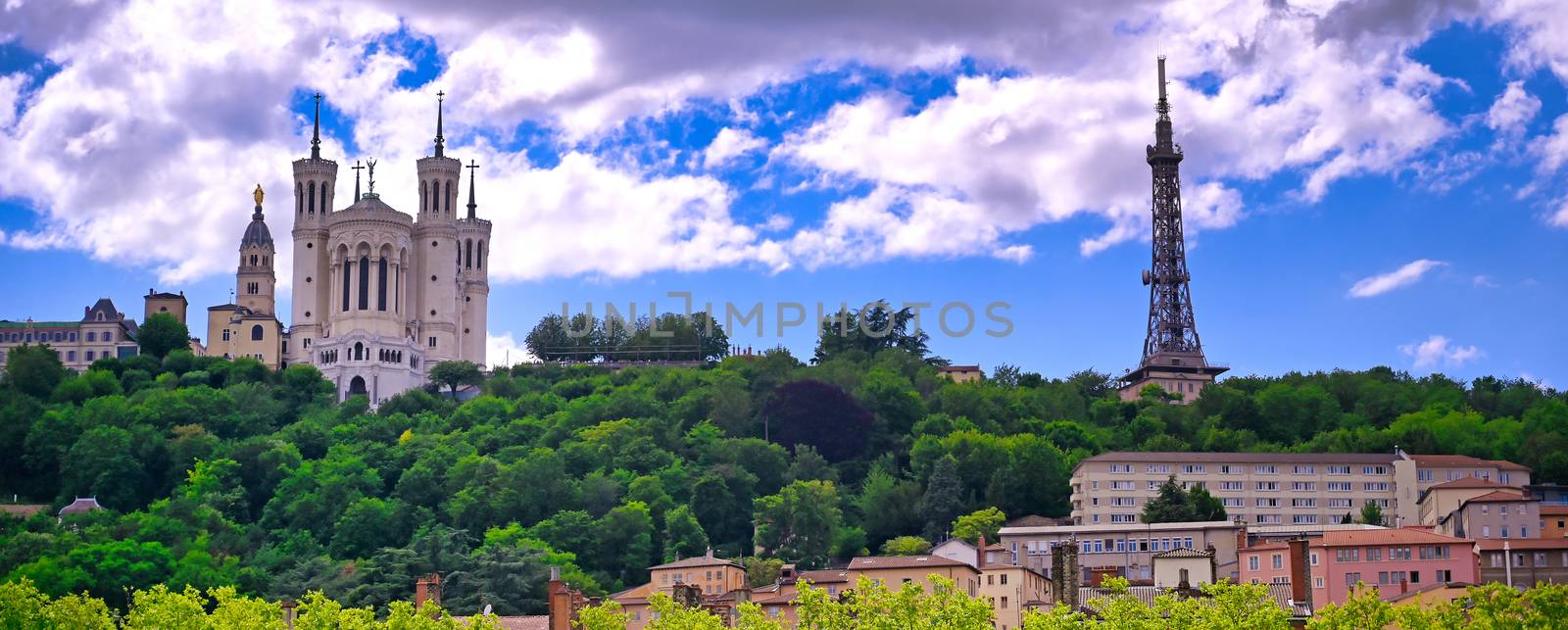 The Basilica of Notre Dame de Fourviere overlooking Lyon, France and the Saone River.