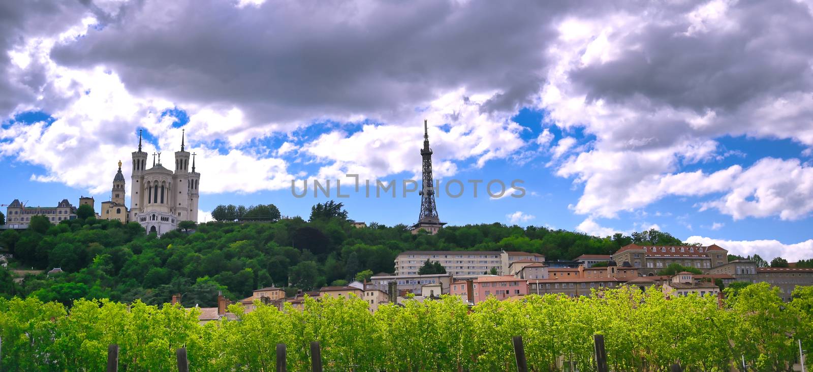 The Basilica of Notre Dame de Fourviere overlooking Lyon, France and the Saone River.