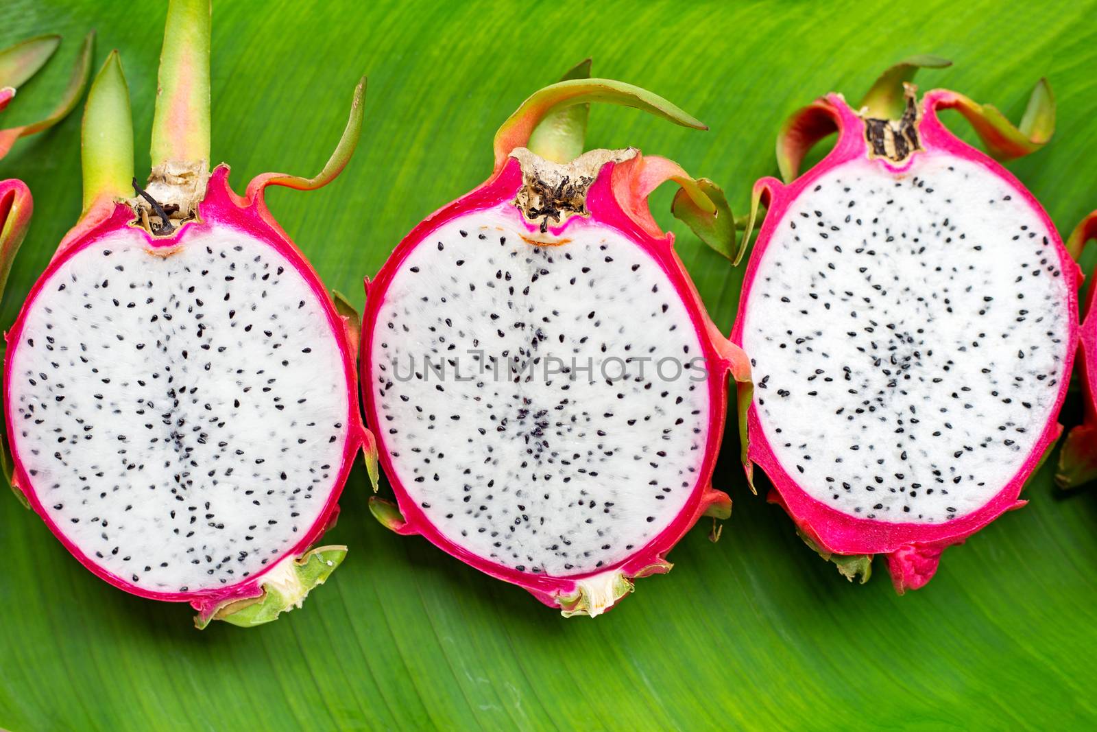 Dragonfruit or pitahaya on banana leaf background.