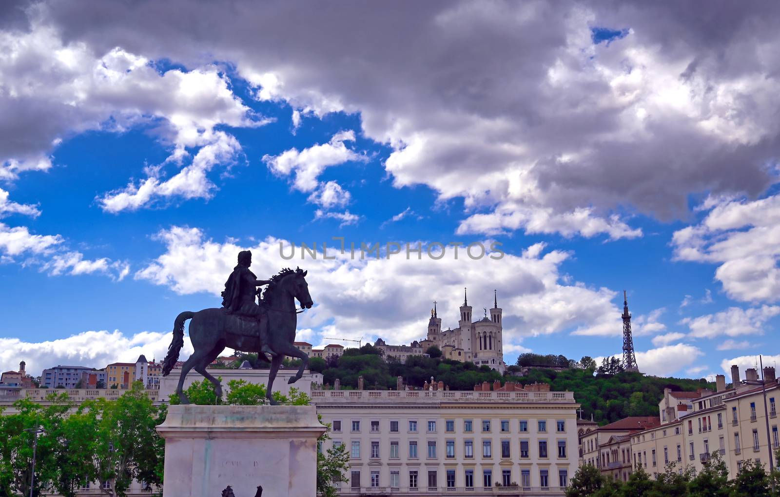 The Basilica of Notre Dame de Fourviere overlooking Lyon, France and the Saone River.