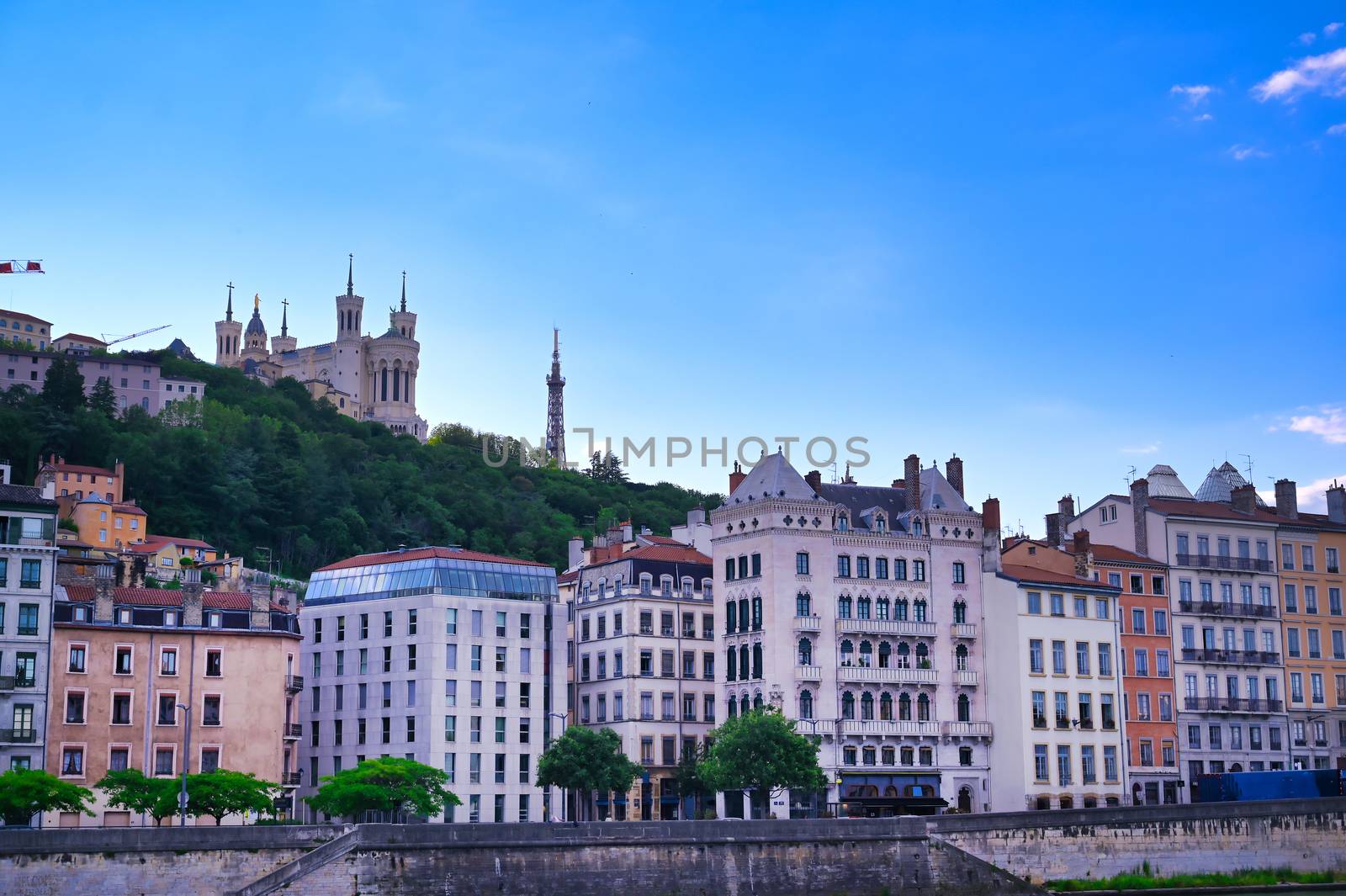 The Basilica of Notre Dame de Fourviere overlooking Lyon, France and the Saone River.