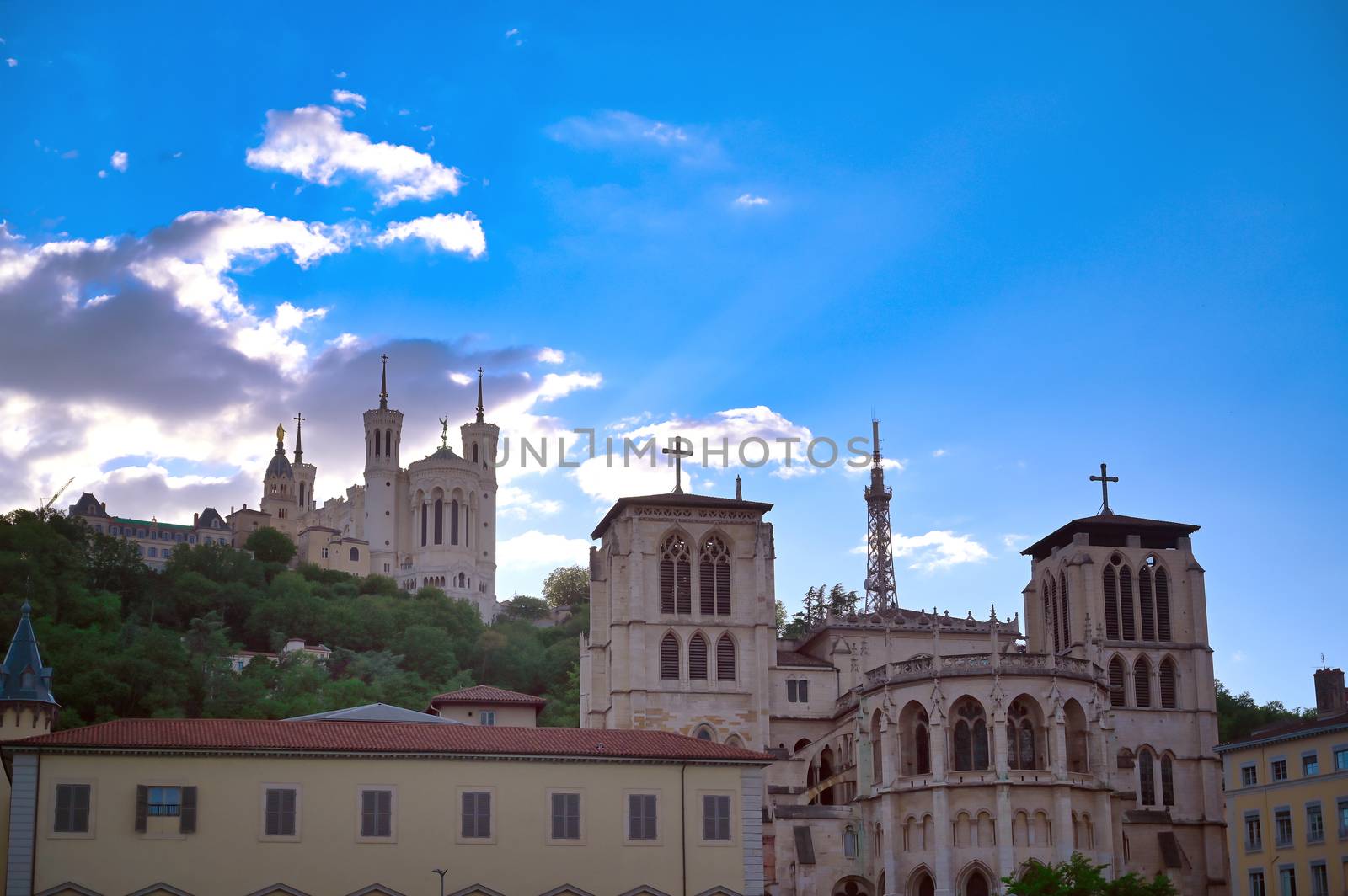 The Basilica of Notre Dame de Fourviere overlooking Lyon, France and the Saone River.