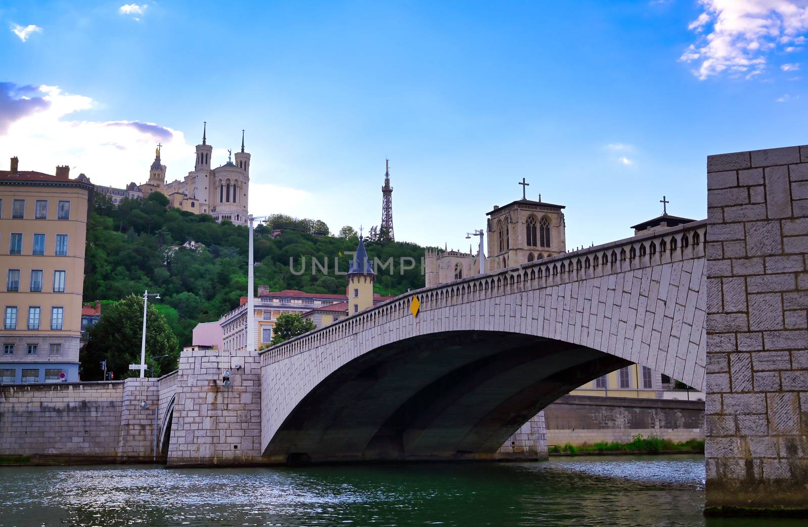 The Basilica of Notre Dame de Fourviere overlooking Lyon, France and the Saone River.