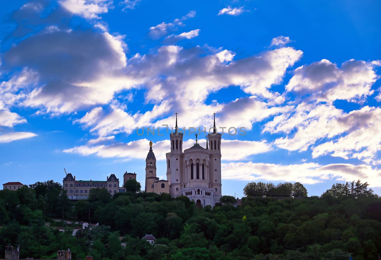 The Basilica of Notre Dame de Fourviere overlooking Lyon, France and the Saone River.