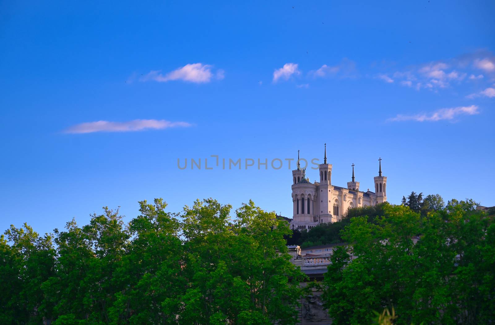 The Basilica of Notre Dame de Fourviere overlooking Lyon, France and the Saone River.