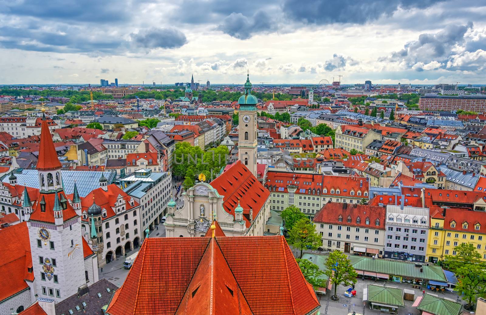 An aerial view of Munich, Bavaria, Germany on a cloudy day.