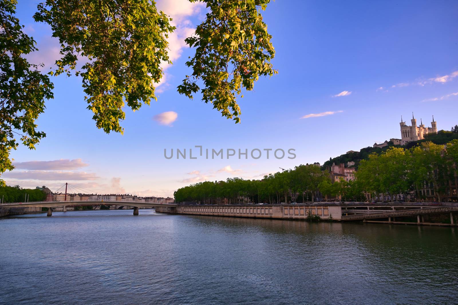 The Basilica of Notre Dame de Fourviere overlooking Lyon, France and the Saone River.