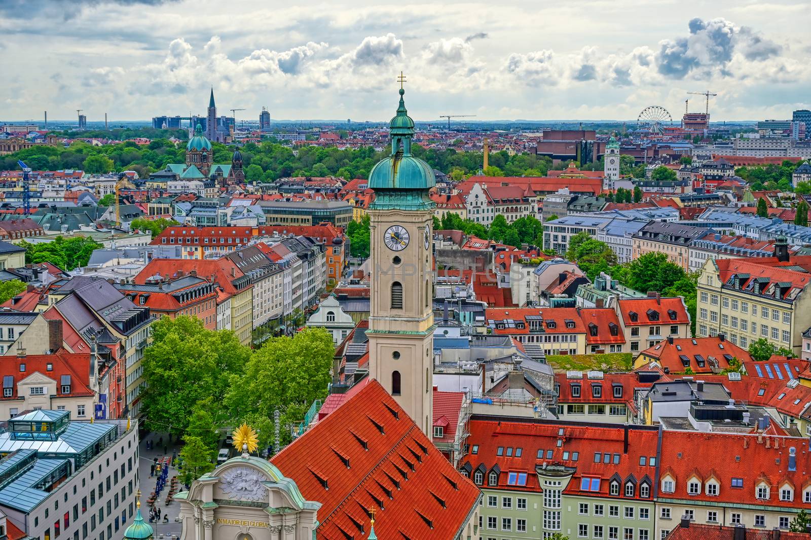 An aerial view of Munich, Bavaria, Germany on a cloudy day.