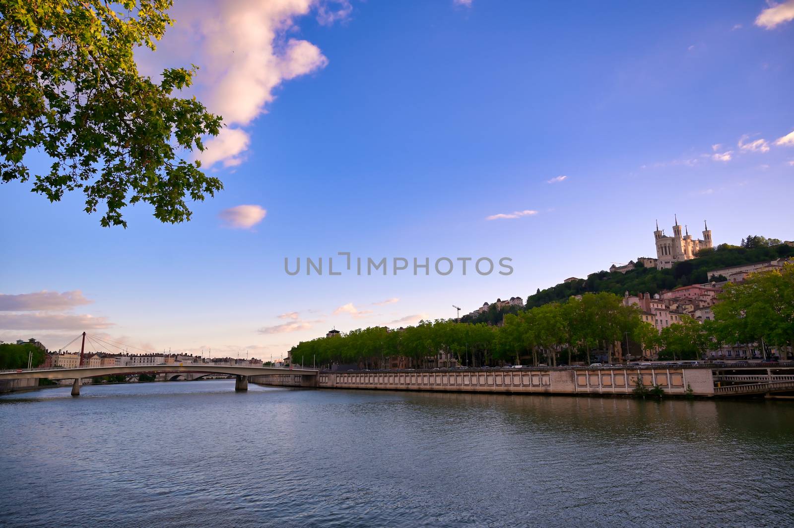 The Basilica of Notre Dame de Fourviere overlooking Lyon, France and the Saone River.