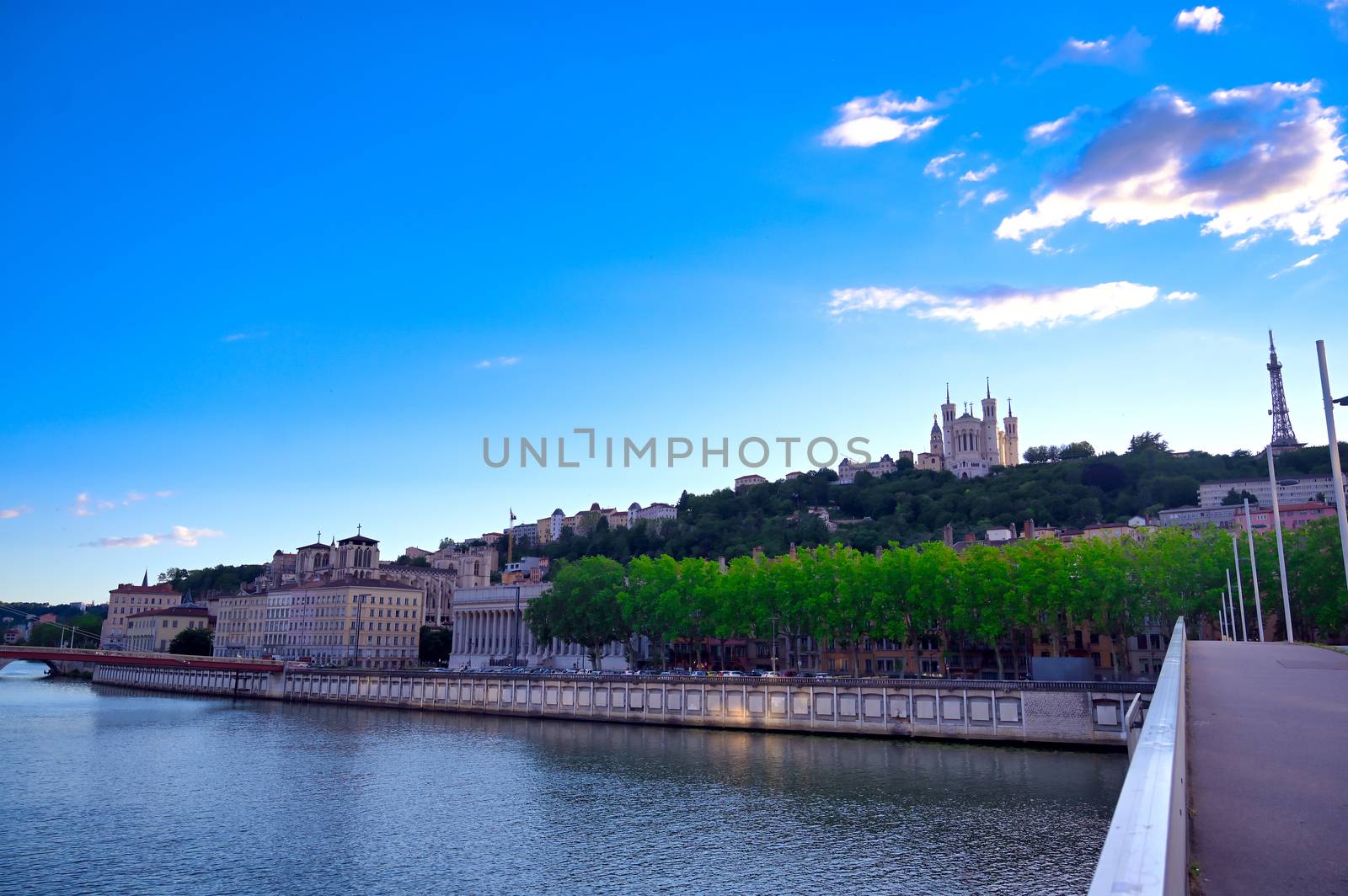 The Basilica of Notre Dame de Fourviere overlooking Lyon, France and the Saone River.