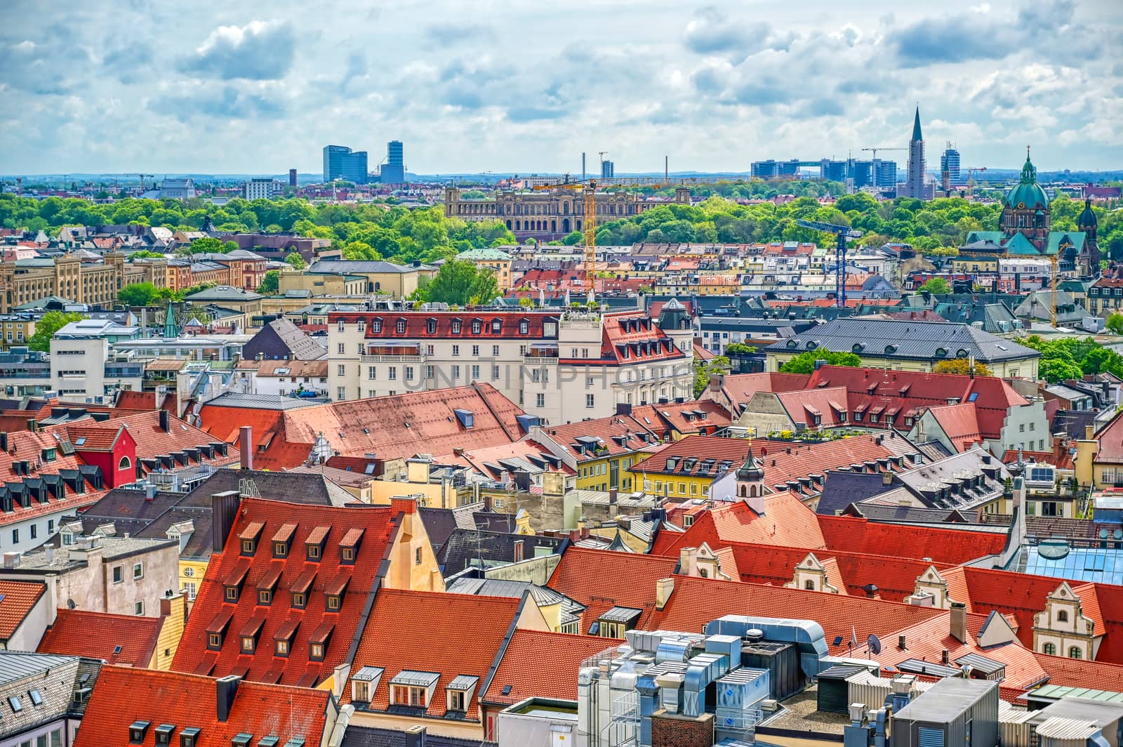 An aerial view of Munich, Bavaria, Germany on a cloudy day.