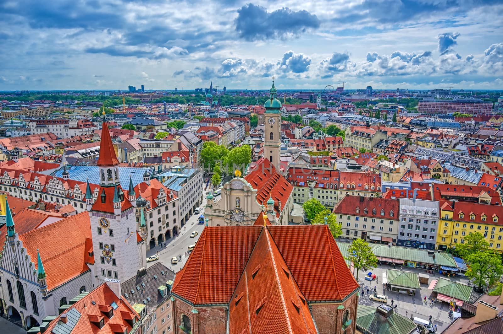 An aerial view of Munich, Bavaria, Germany on a cloudy day.