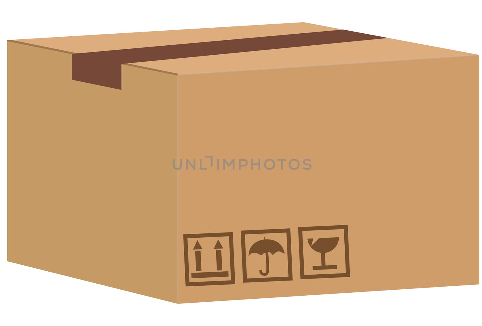 Brown closed carton delivery packaging box with fragile signs isolated on white background. box sign.