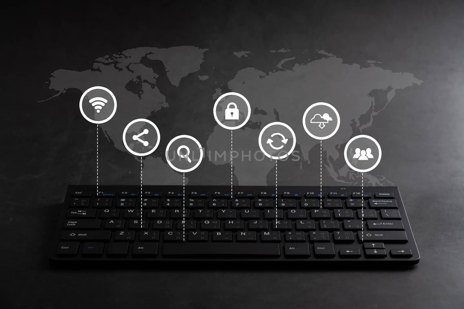 Online shopping & Social media icon on keyboard for global conce by Alicephoto
