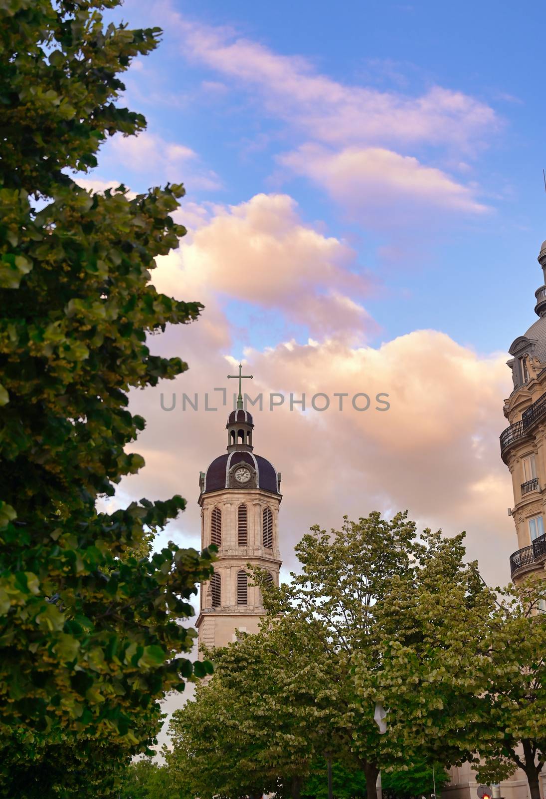 The Bell Tower of The Charity Hospital of Lyon in the center of Lyon, France.