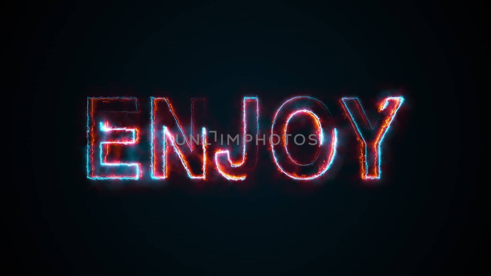 The text Enjoy, computer generated. Burning inscription. Capital letters. 3d rendering of happy moment. Web background