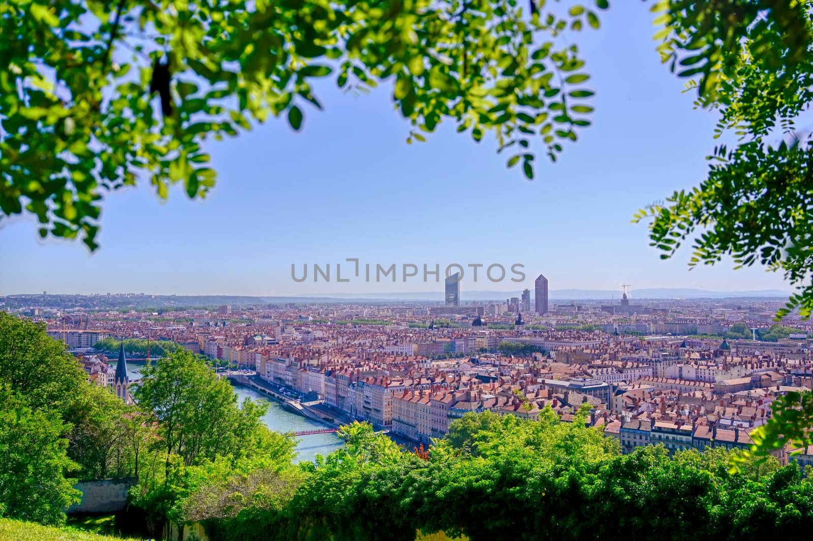 An aerial view of Lyon, France and the Saone River during morning hours.