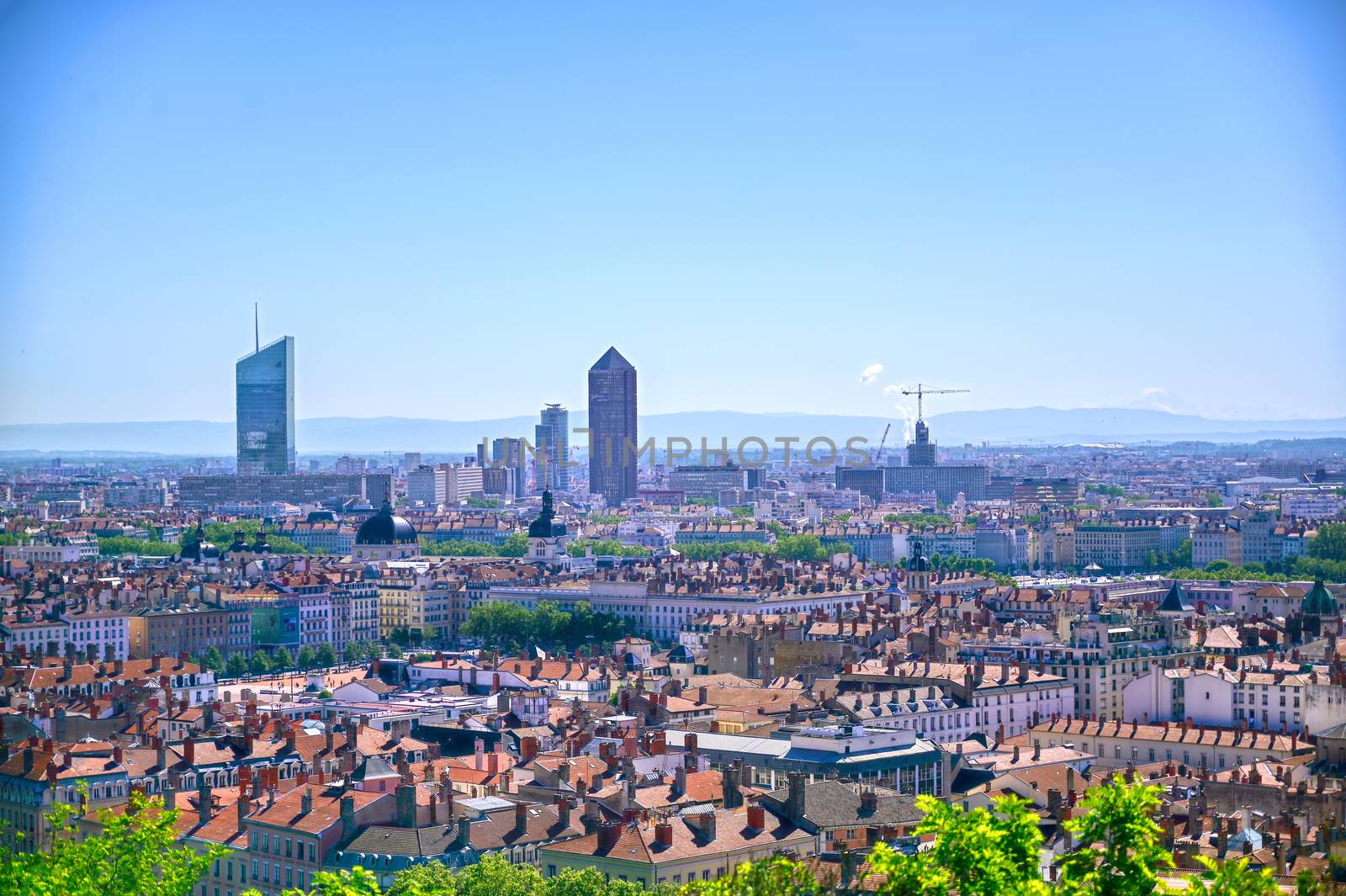 An aerial view of Lyon, France and the Saone River during morning hours.