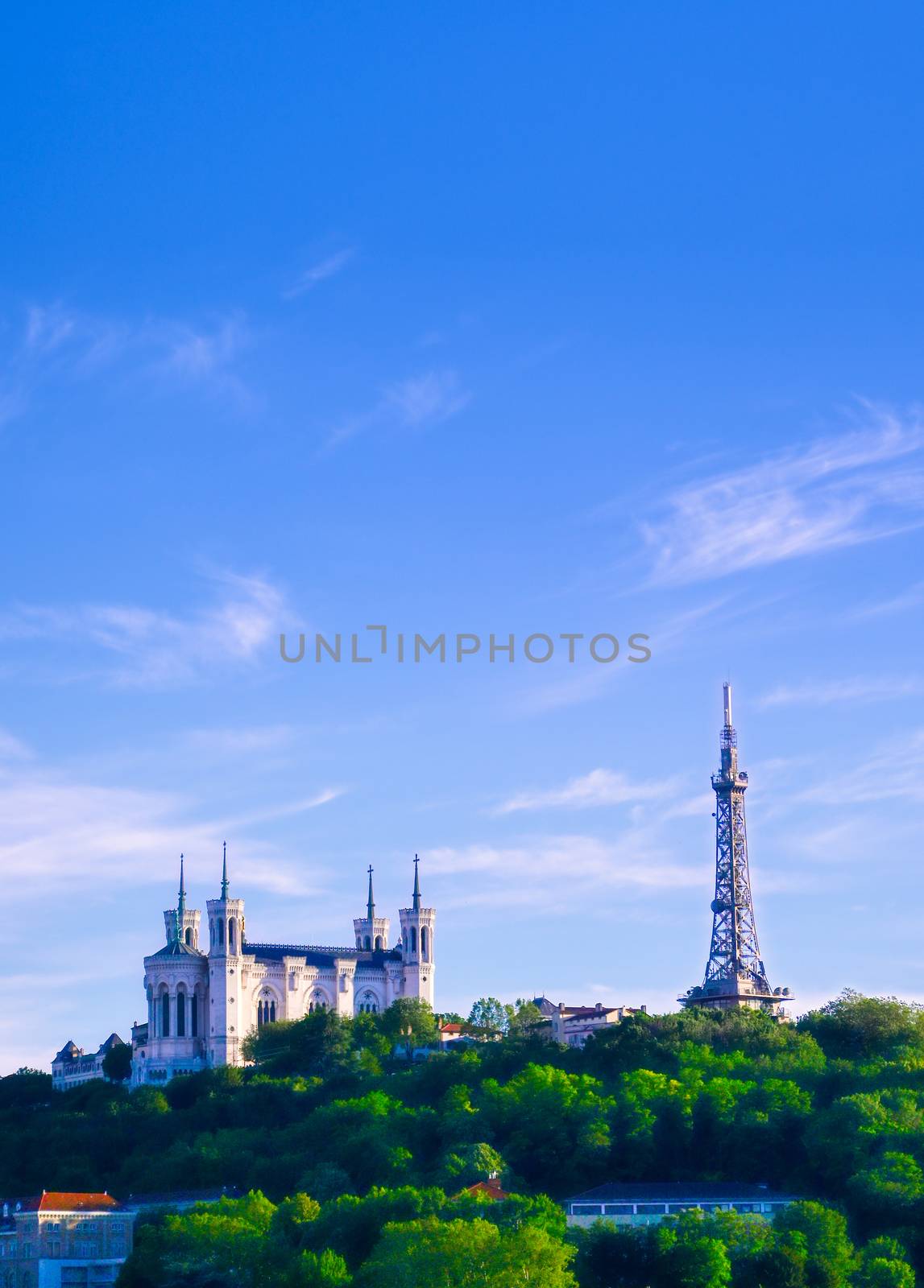 Lyon, France and the Basilica of Notre-Dame de Fourviere from Jardin des plantes.