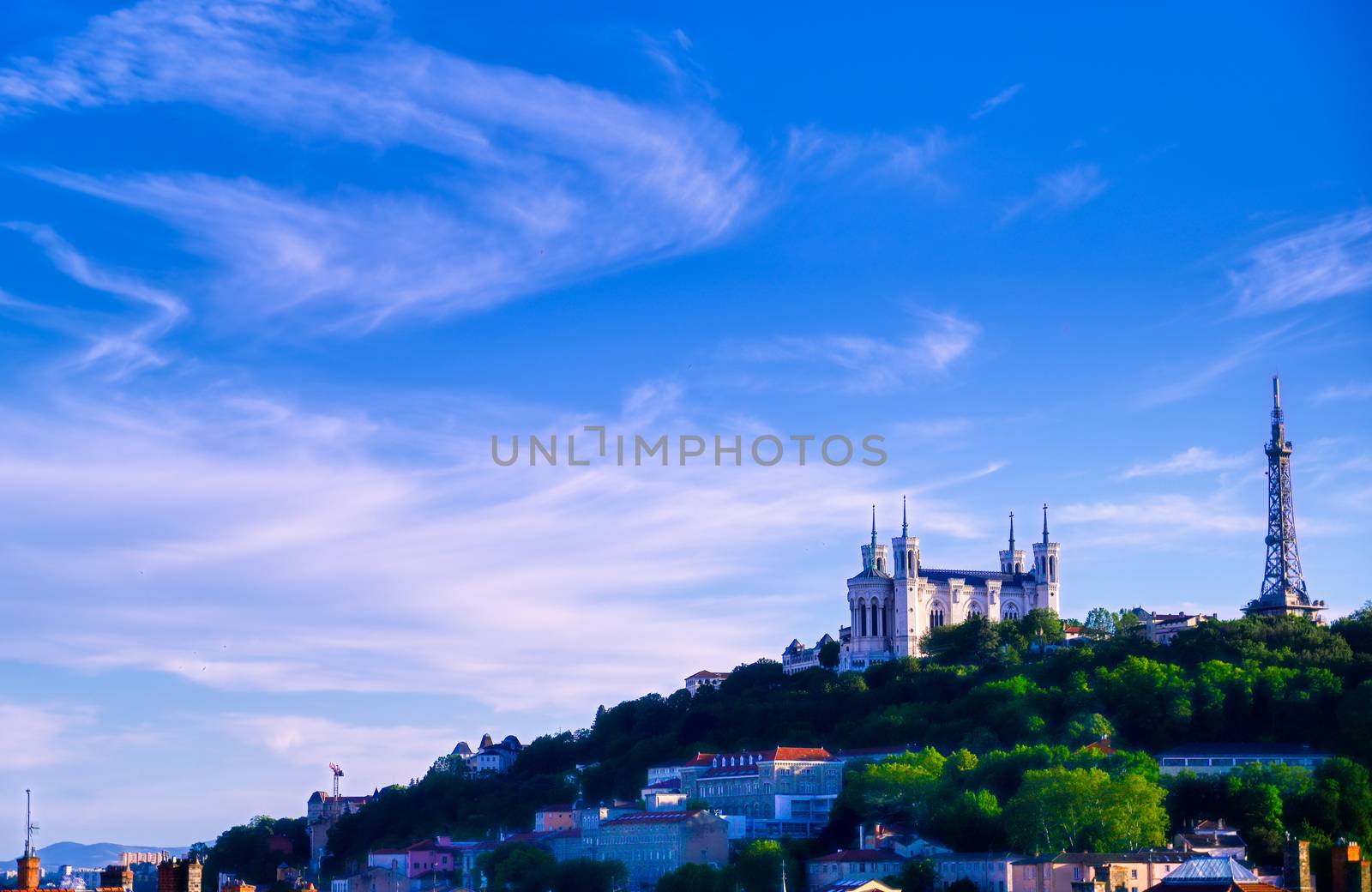 Lyon, France and the Basilica of Notre-Dame de Fourviere from Jardin des plantes.