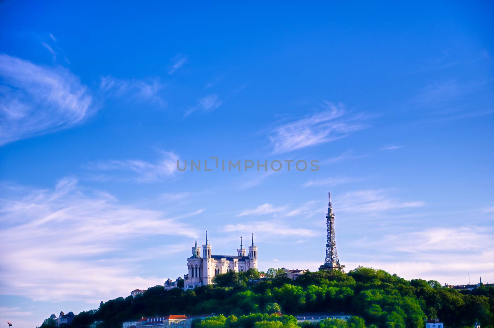 Lyon, France and the Basilica of Notre-Dame de Fourviere from Jardin des plantes.