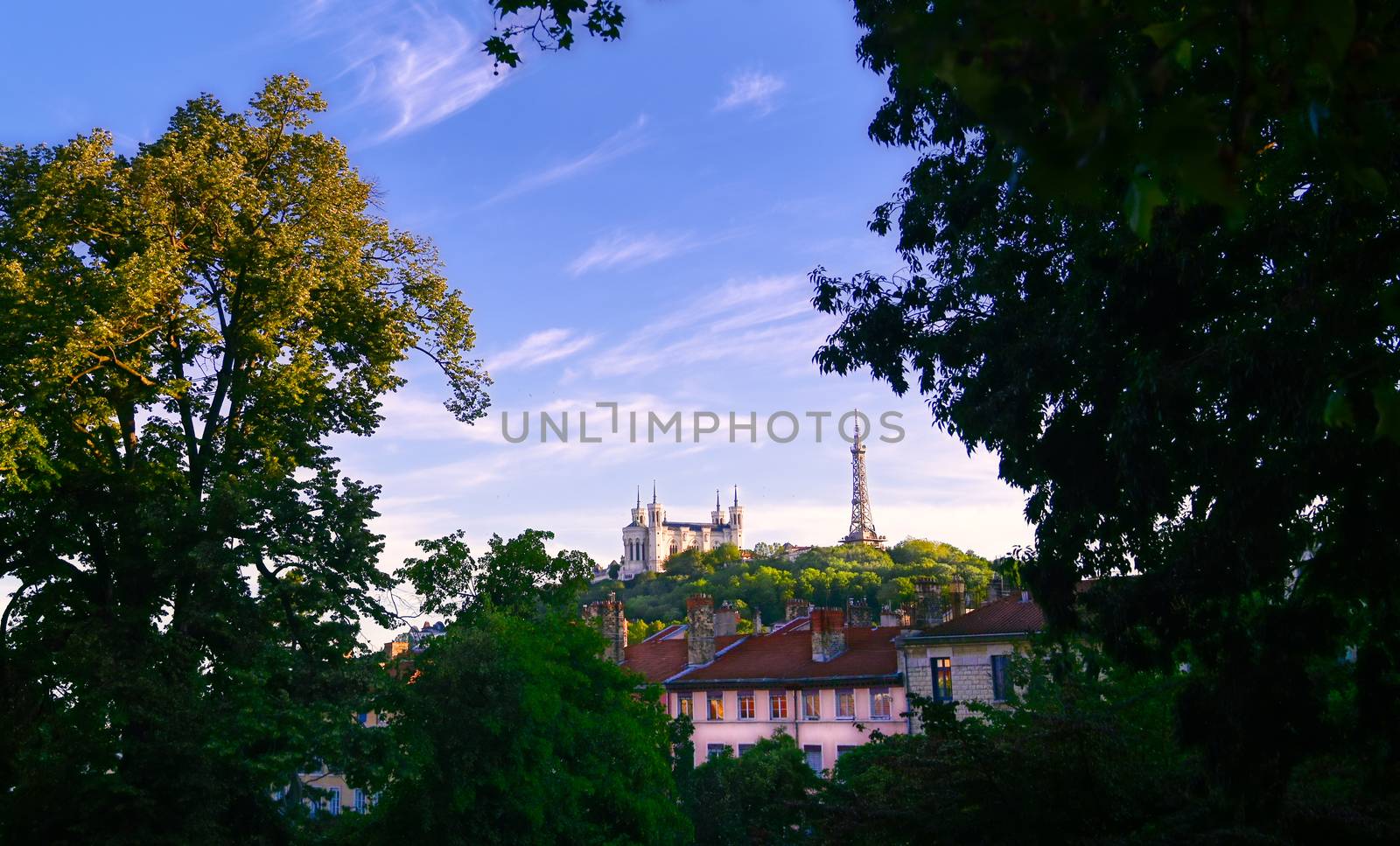 Lyon, France and the Basilica of Notre-Dame de Fourviere from Jardin des plantes.