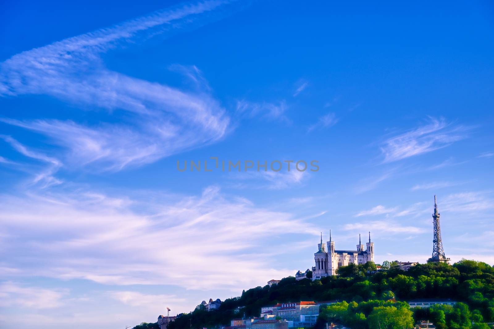 Lyon, France and the Basilica of Notre-Dame de Fourviere from Jardin des plantes.