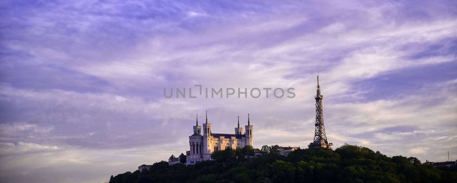 Lyon, France and the Basilica of Notre-Dame de Fourviere from Jardin des plantes.