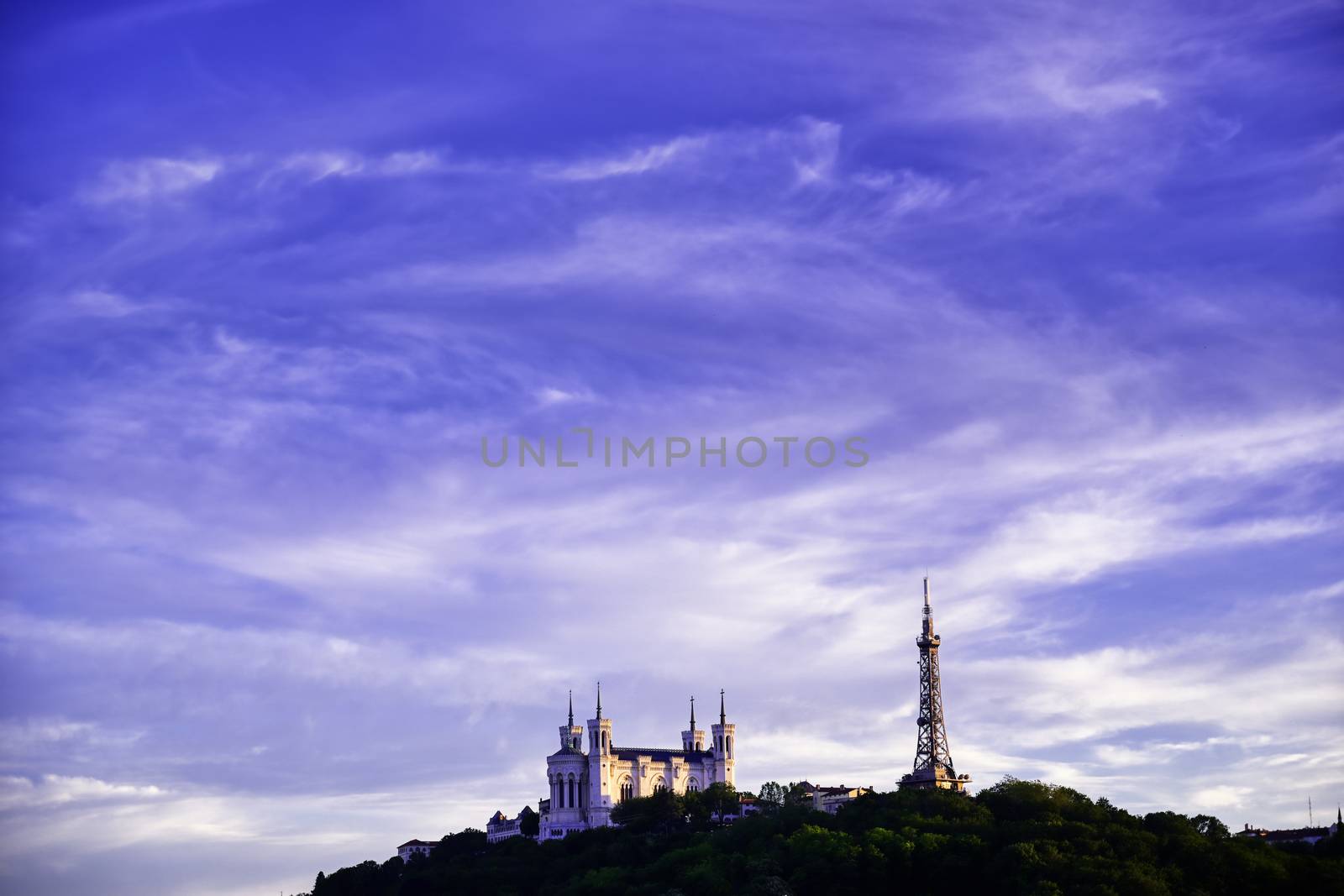 Lyon, France and the Basilica of Notre-Dame de Fourviere from Jardin des plantes.