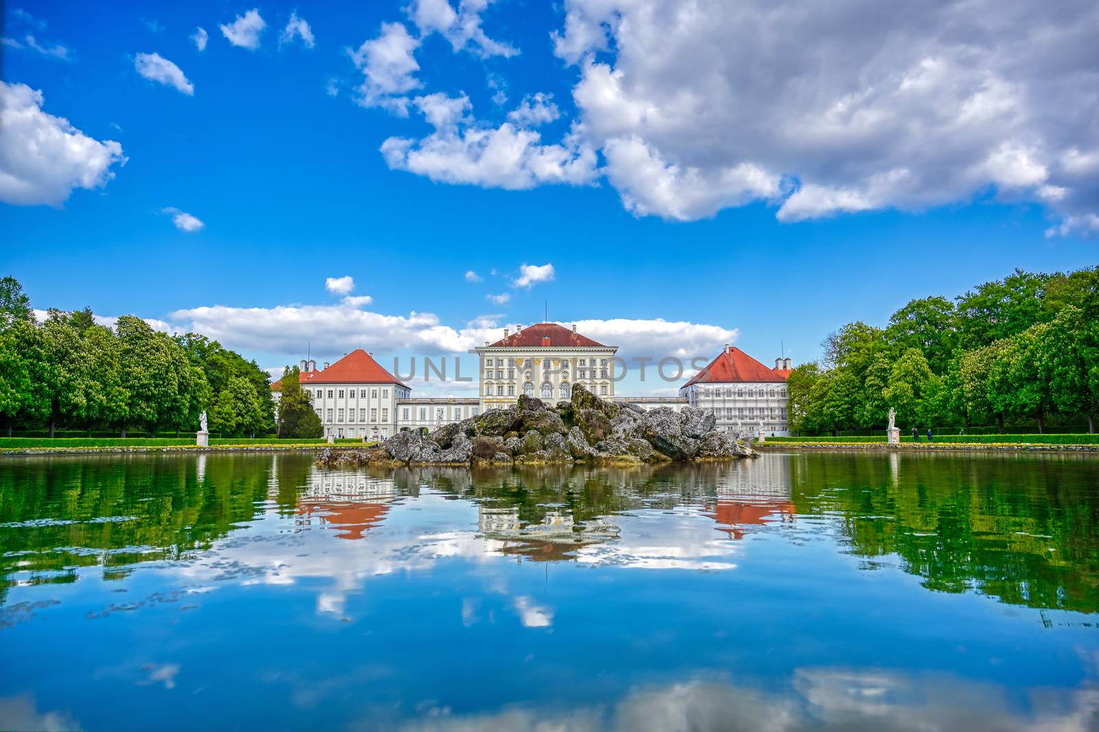 Munich, Germany - May 13, 2019 - The Nymphenburg Palace, Schloss Nymphenburg, is a Baroque palace in Munich, Bavaria, southern Germany. 