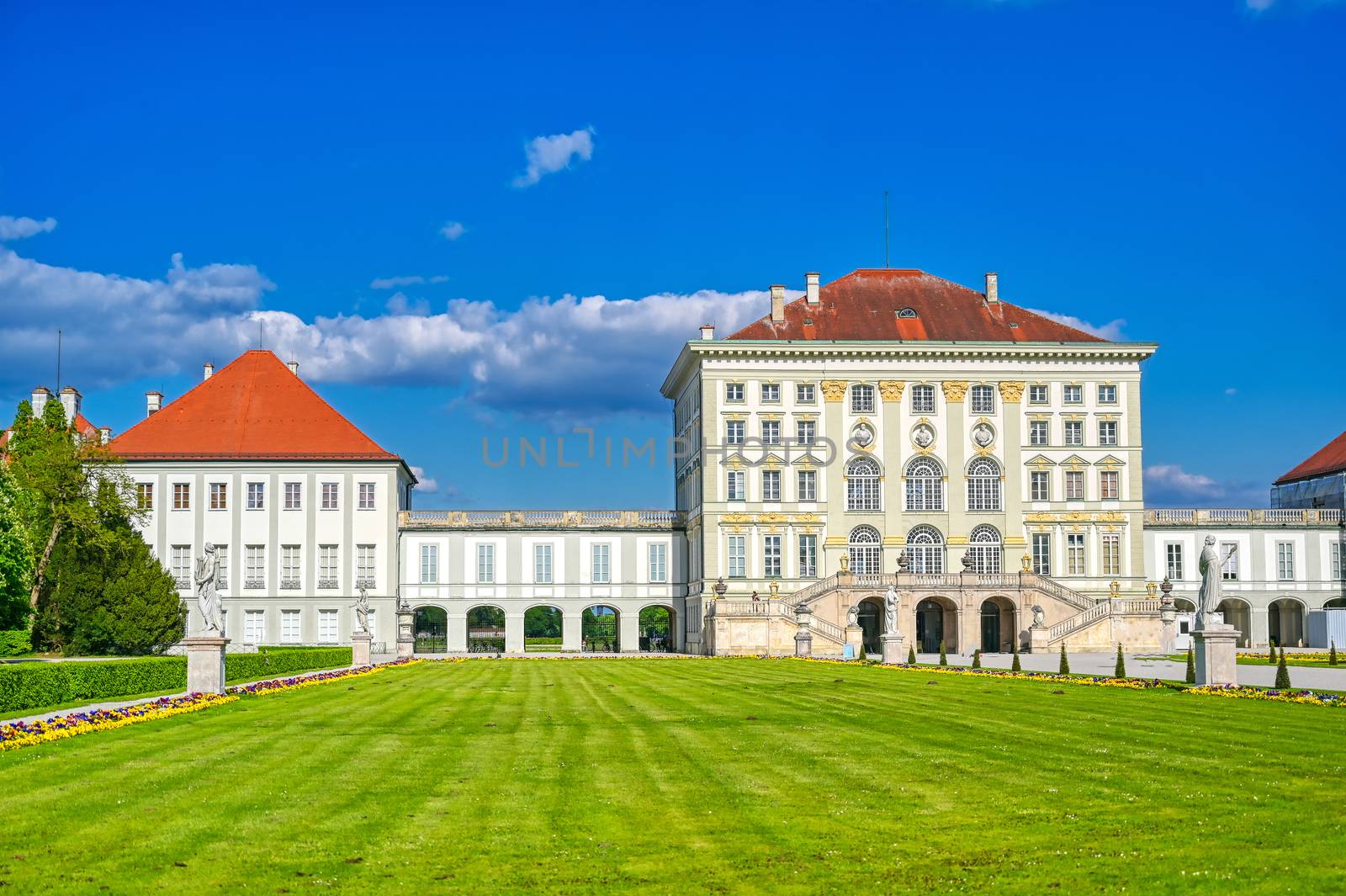 Munich, Germany - May 13, 2019 - The Nymphenburg Palace, Schloss Nymphenburg, is a Baroque palace in Munich, Bavaria, southern Germany. 