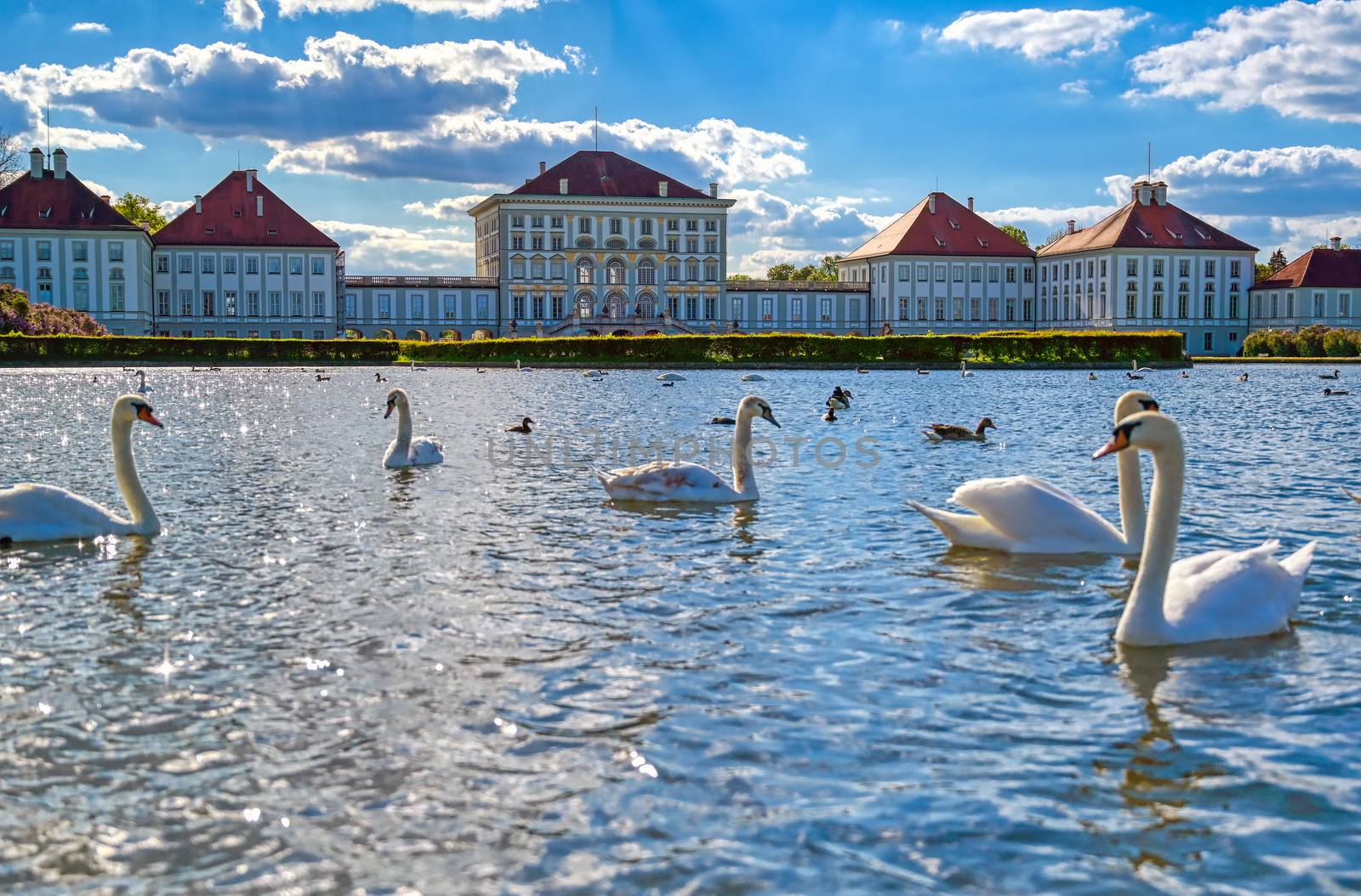 Munich, Germany - May 13, 2019 - The Nymphenburg Palace, Schloss Nymphenburg, is a Baroque palace in Munich, Bavaria, southern Germany. 