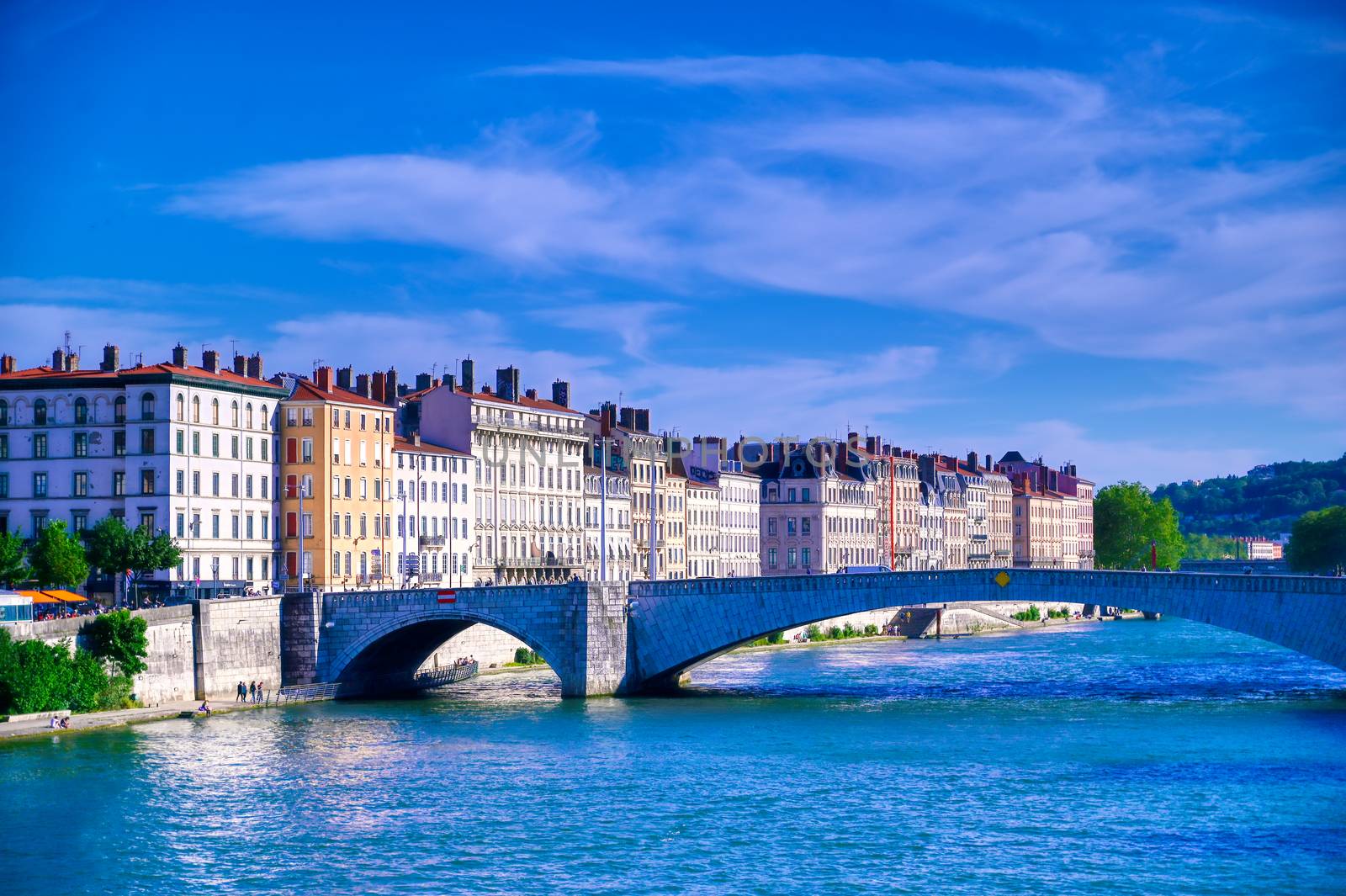 A view of Lyon, France along the Saone river in the afternoon.