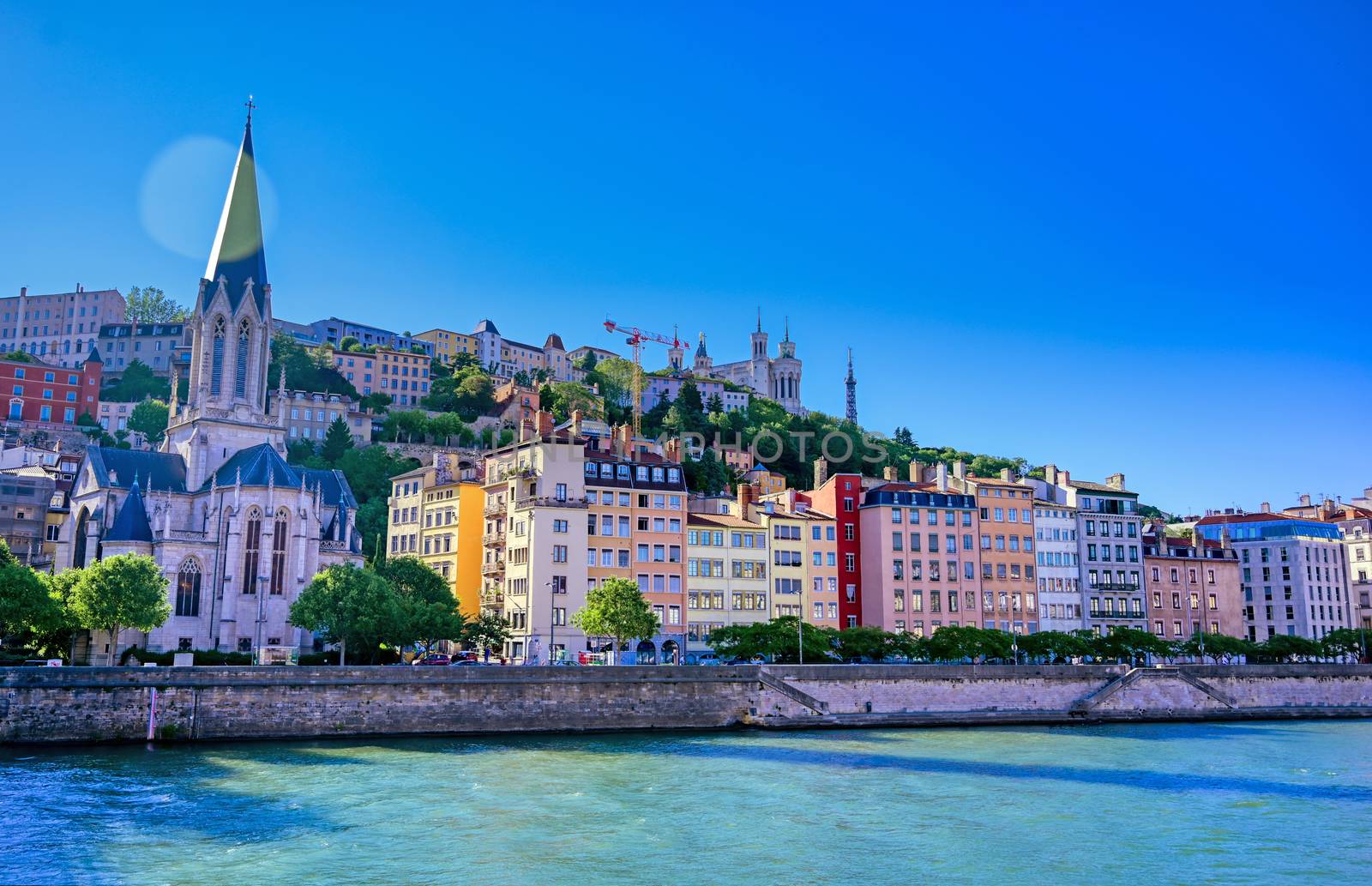 A view of Lyon, France along the Saone river in the afternoon.