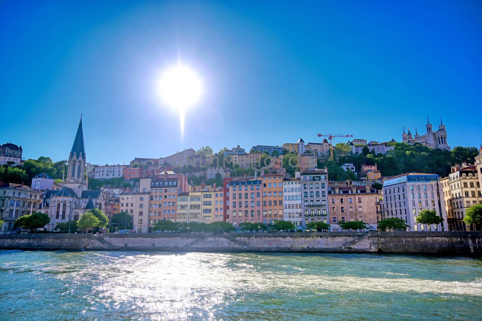 A view of Lyon, France along the Saone river in the afternoon.