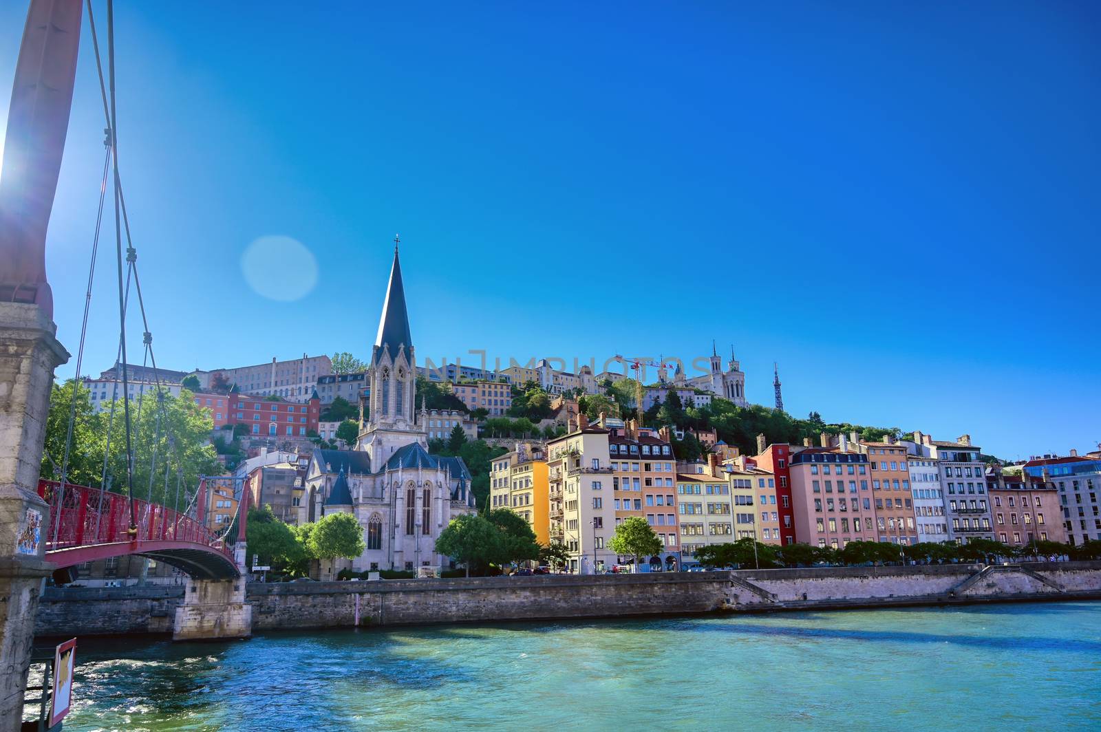 A view of Lyon, France along the Saone river in the afternoon.