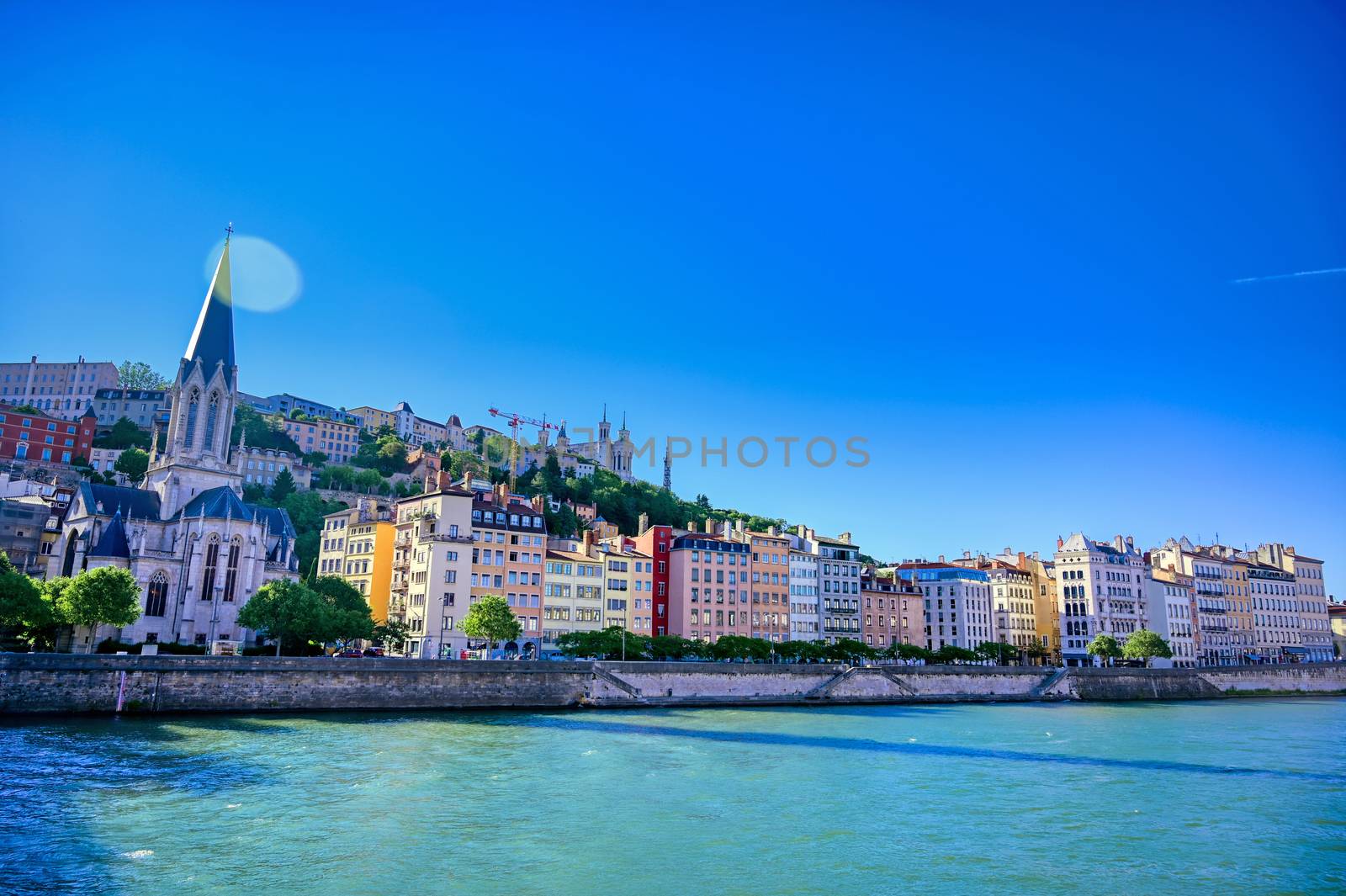 A view of Lyon, France along the Saone river in the afternoon.