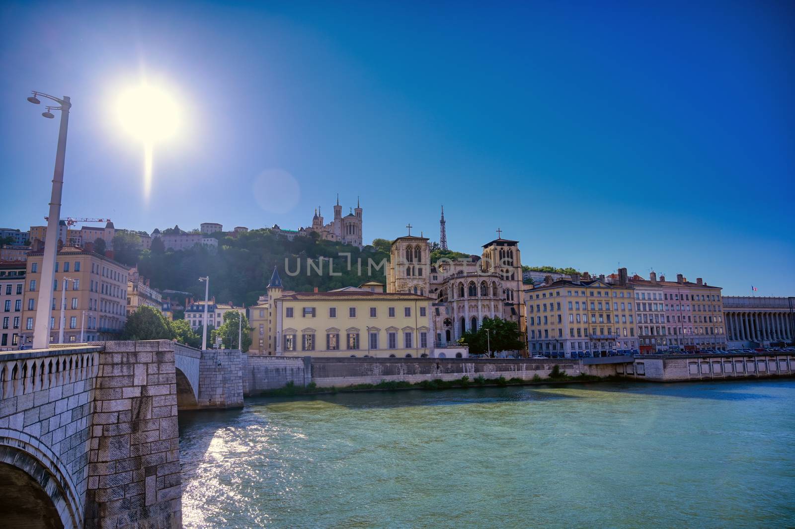 A view of Lyon, France along the Saone river in the afternoon.