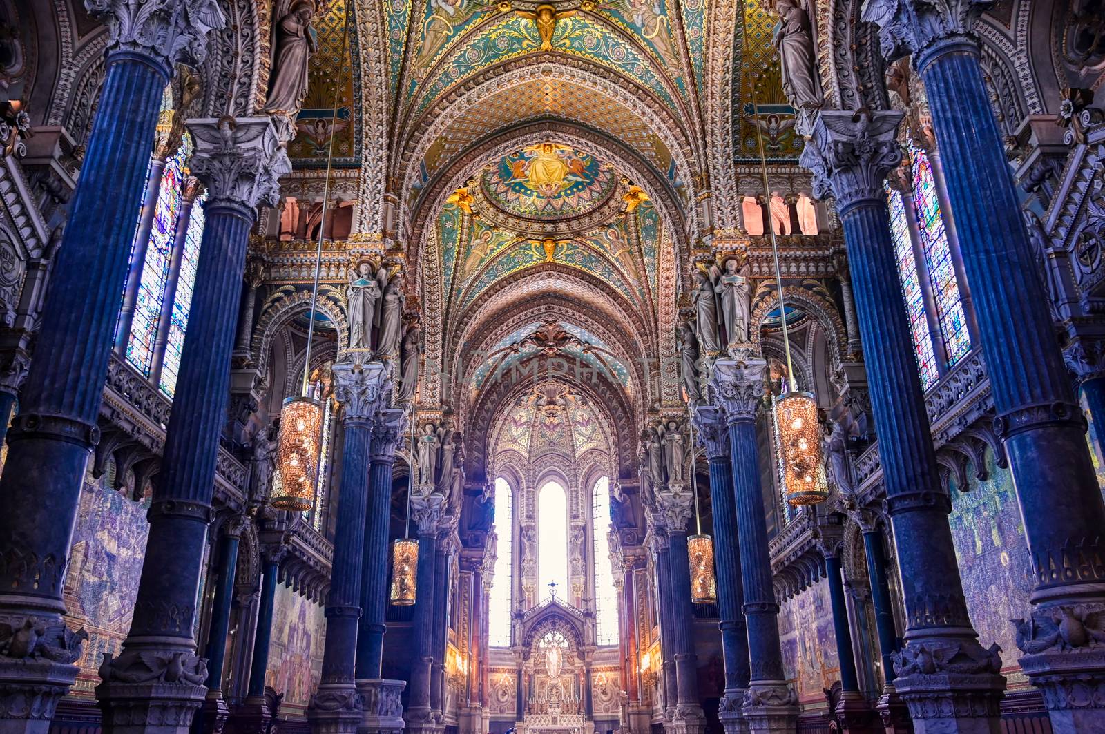 LYON, FRANCE -  JUNE 13, 2019 : The Basilica Notre Dame de Fourviere, built between 1872 and 1884, located in Lyon, France.